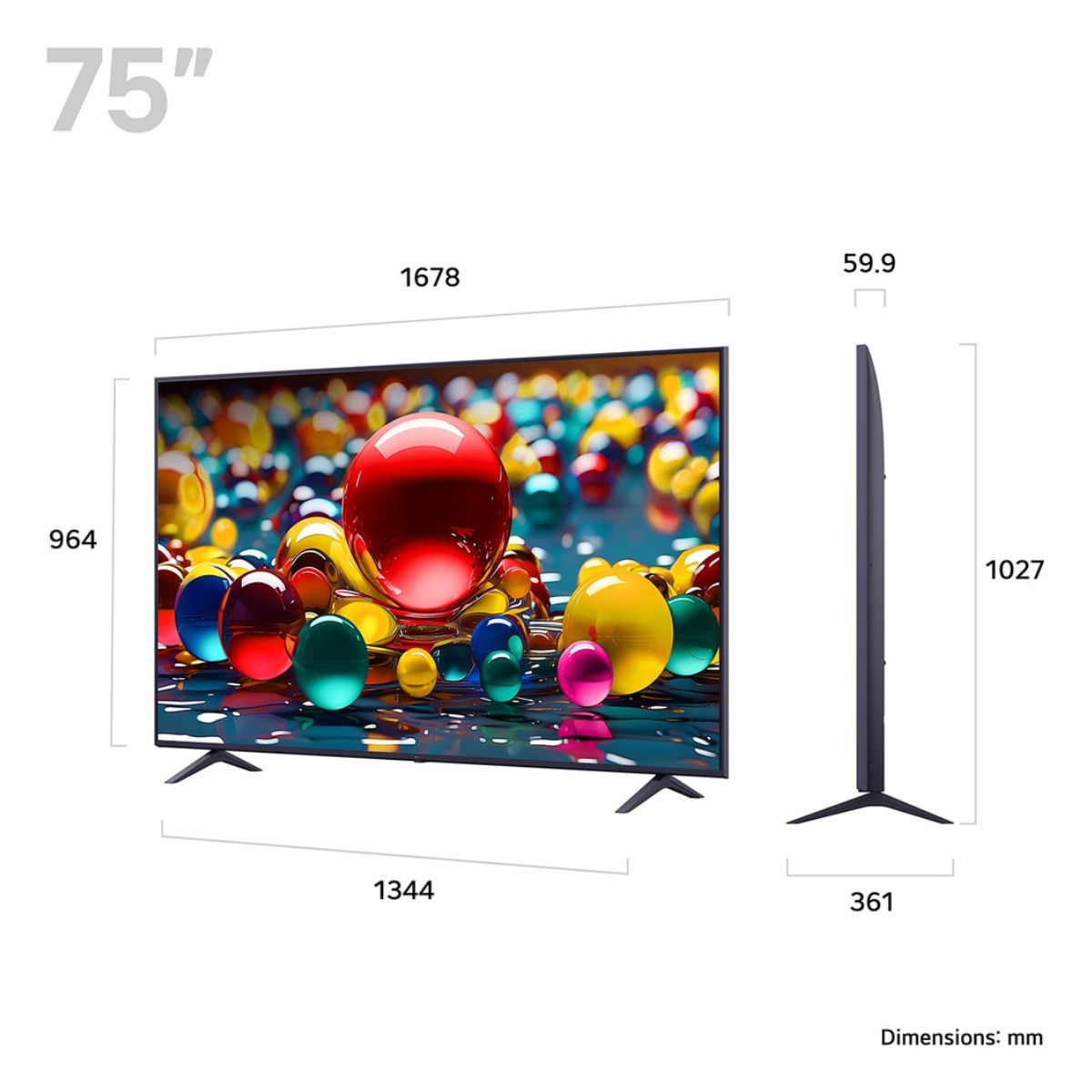 Televisor de 75 pulgadas con esferas coloridas. Dimensiones: 1678x964x361mm.