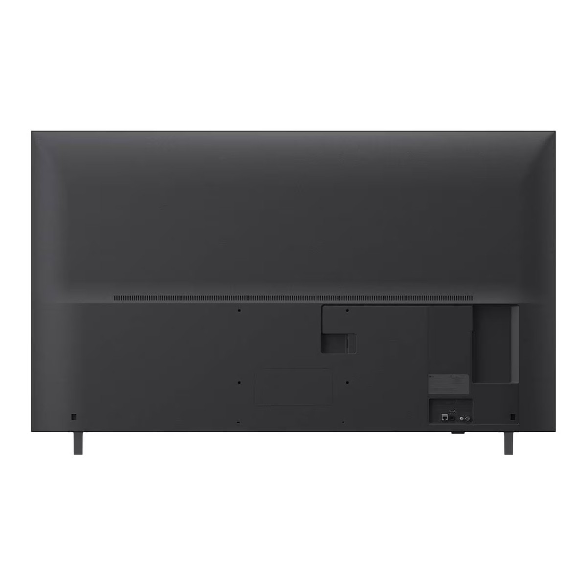 Vista trasera de un televisor oscuro con puertos y soportes.