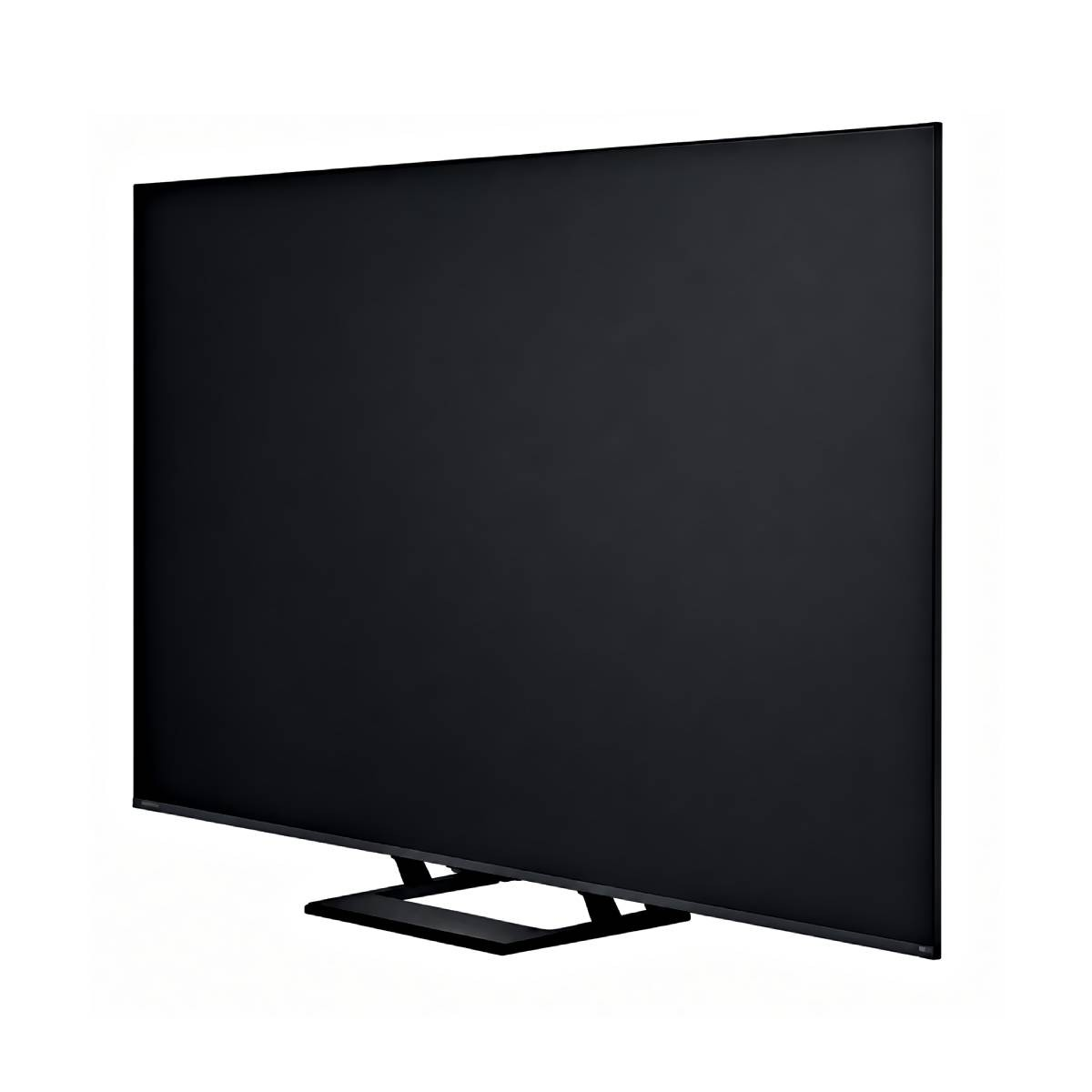 Un grand téléviseur noir à écran plat avec un pied rectangulaire.