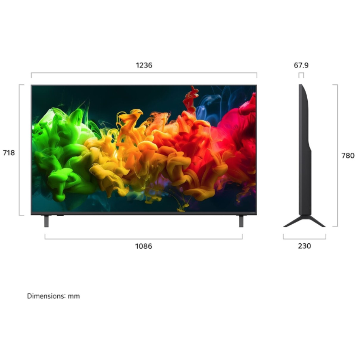 Una TV che mostra un'animazione di fumo colorato. Vengono mostrate le dimensioni.
