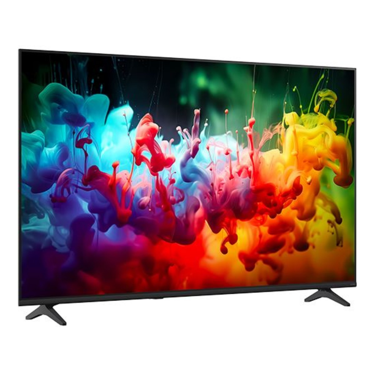 Una TV moderna che mostra un colorato motivo di schizzi d'inchiostro.