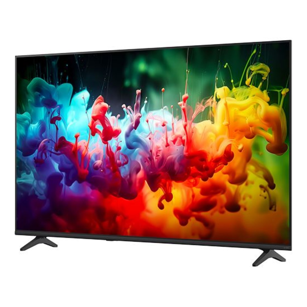 Una moderna TV a schermo piatto con uno screensaver astratto e colorato.