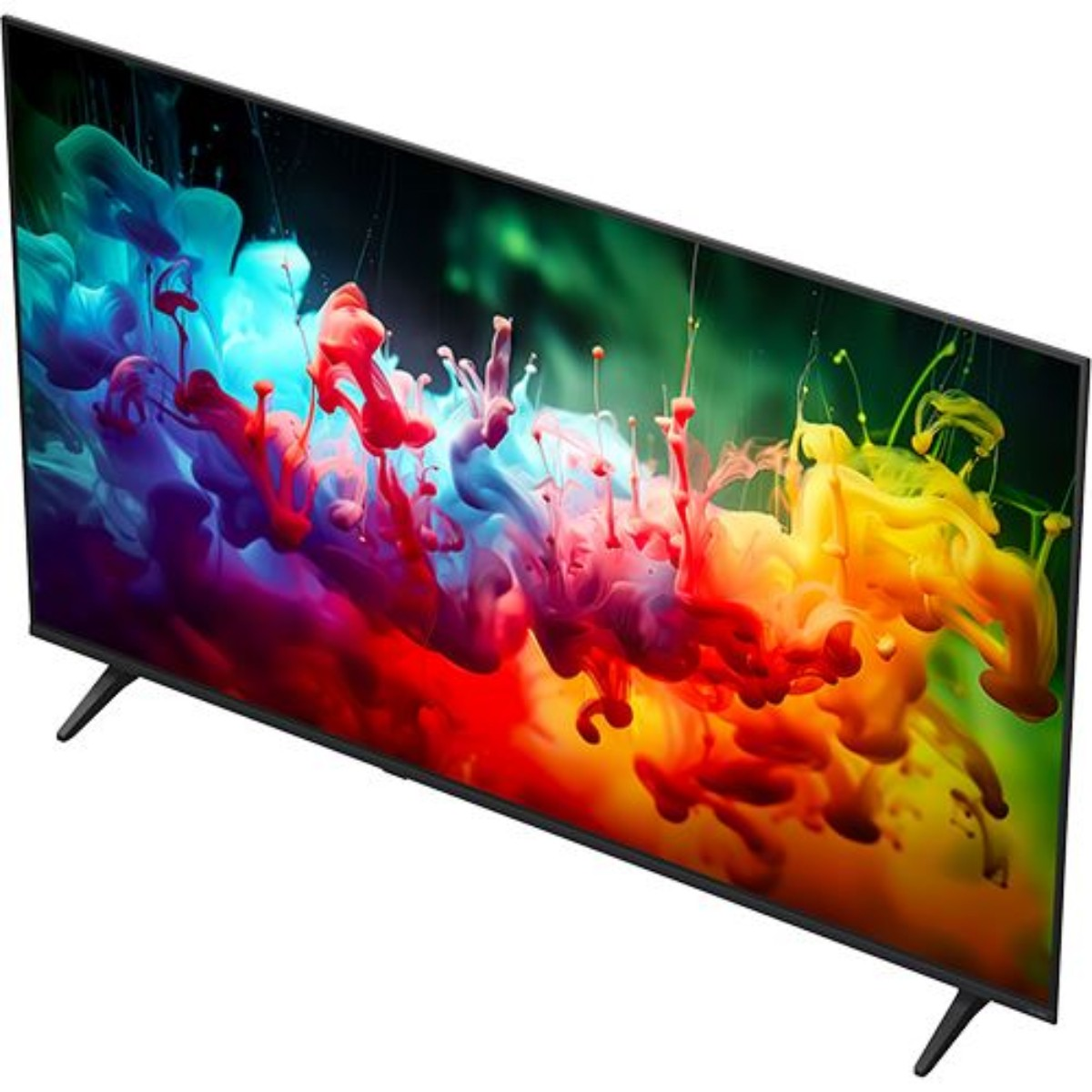 Una TV moderna a schermo piatto con uno sfondo astratto di schizzi d'inchiostro colorati.
