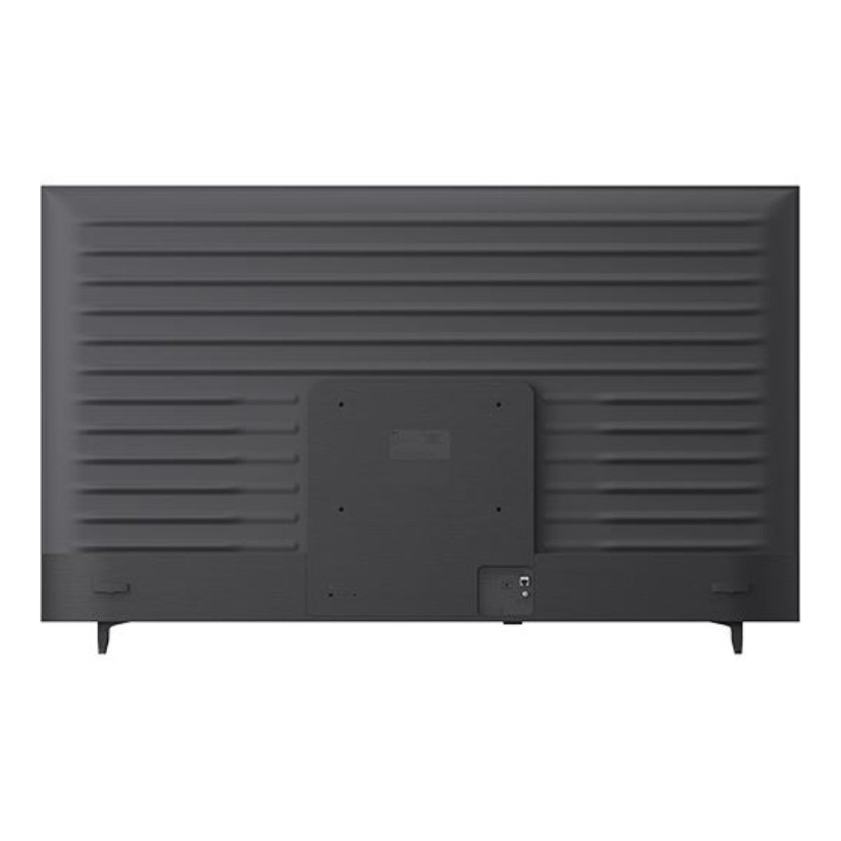Retro di una TV nera con scanalature orizzontali e porte.