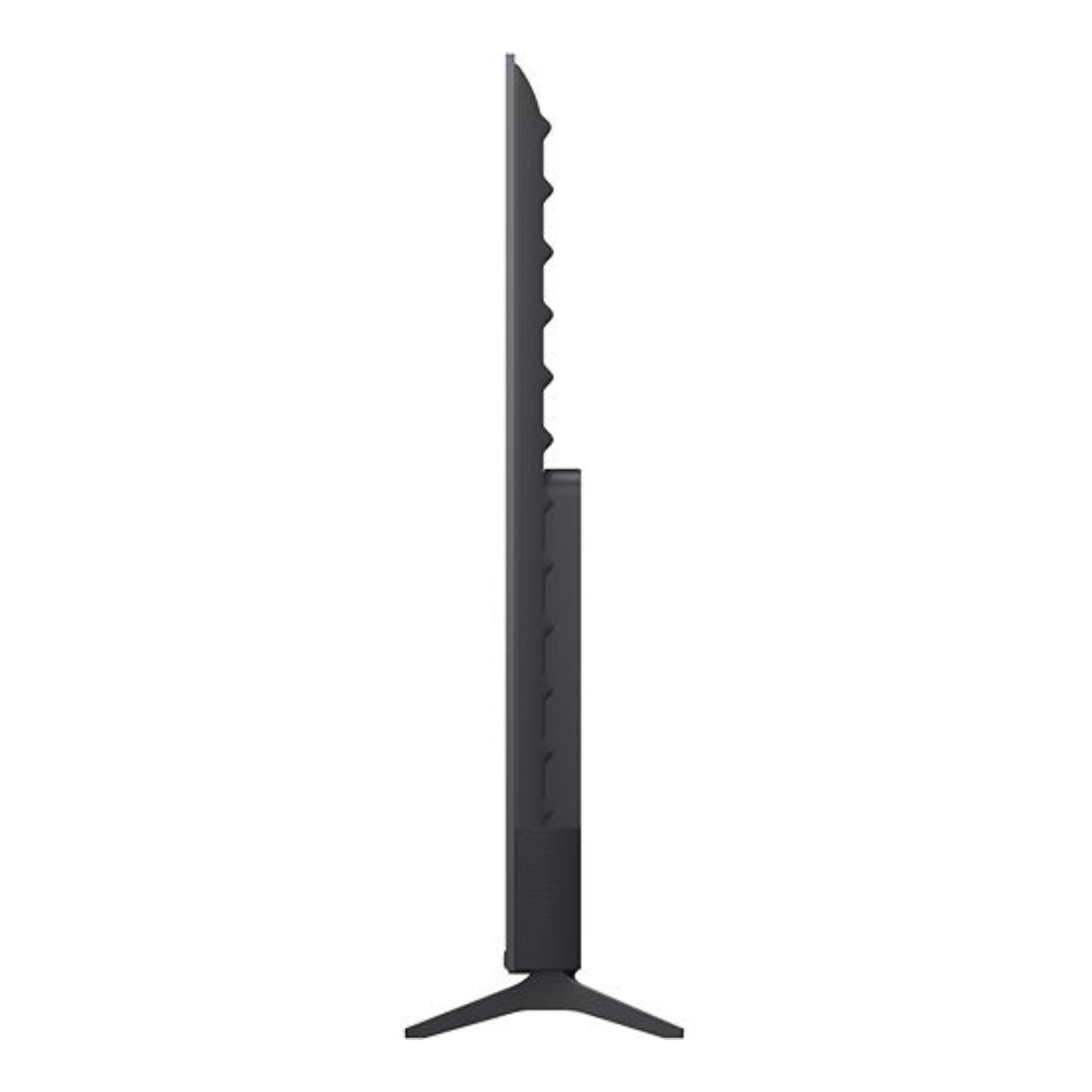 Vista laterale di una televisione nera con supporto su sfondo bianco.
