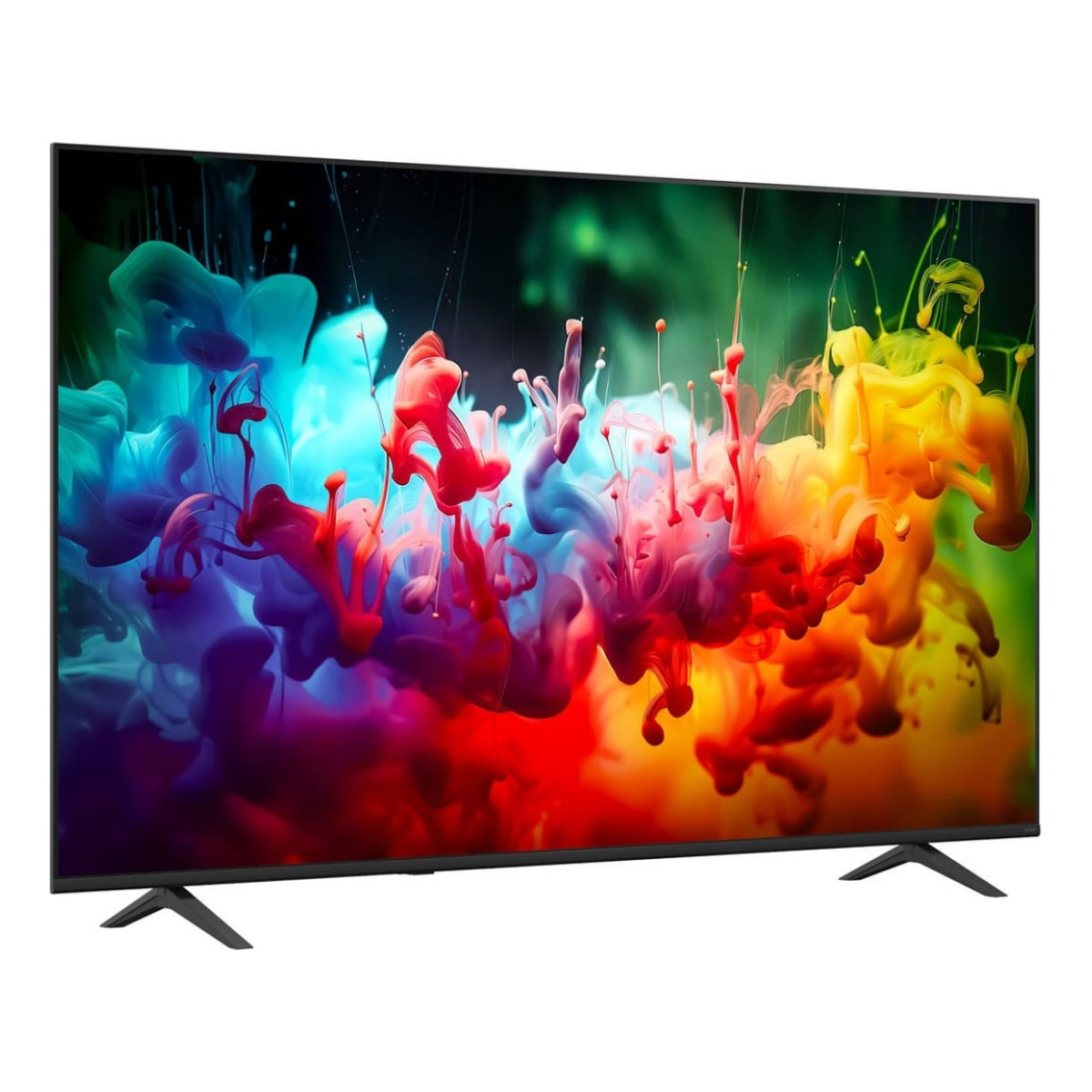 Un moderno schermo TV nero mostra nuvole d'inchiostro astratte colorate in blu, rosso, giallo e verde.