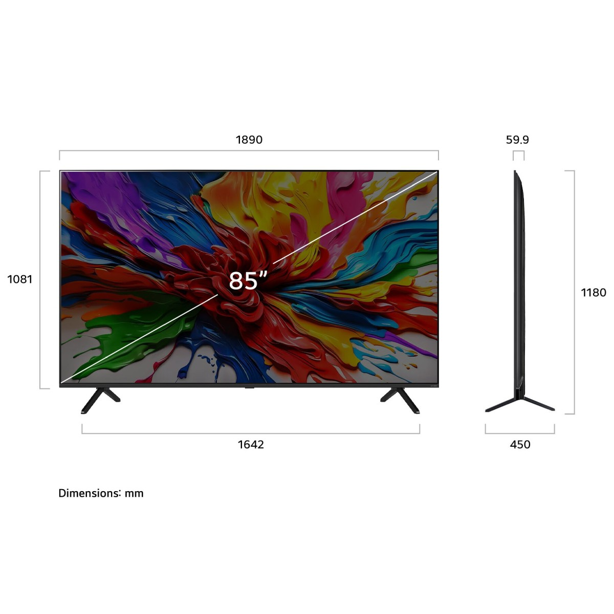Ein 85-Zoll-Fernseher mit bunten abstrakten Bildern und Maßen.