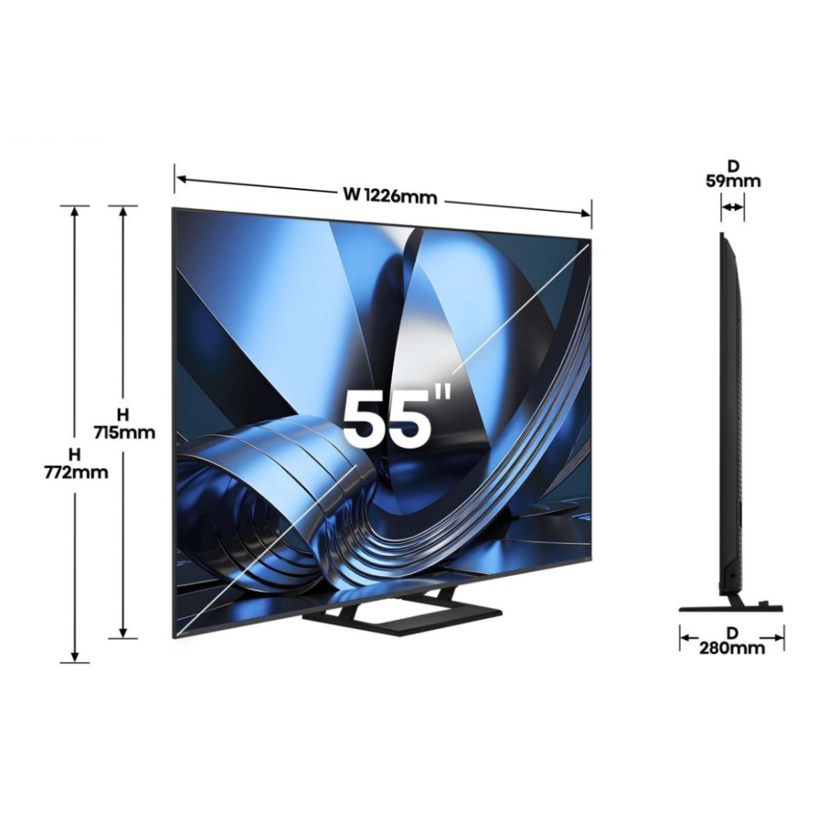 Téléviseur 55 pouces, dimensions L 1226mm, H 715mm, P 59mm.