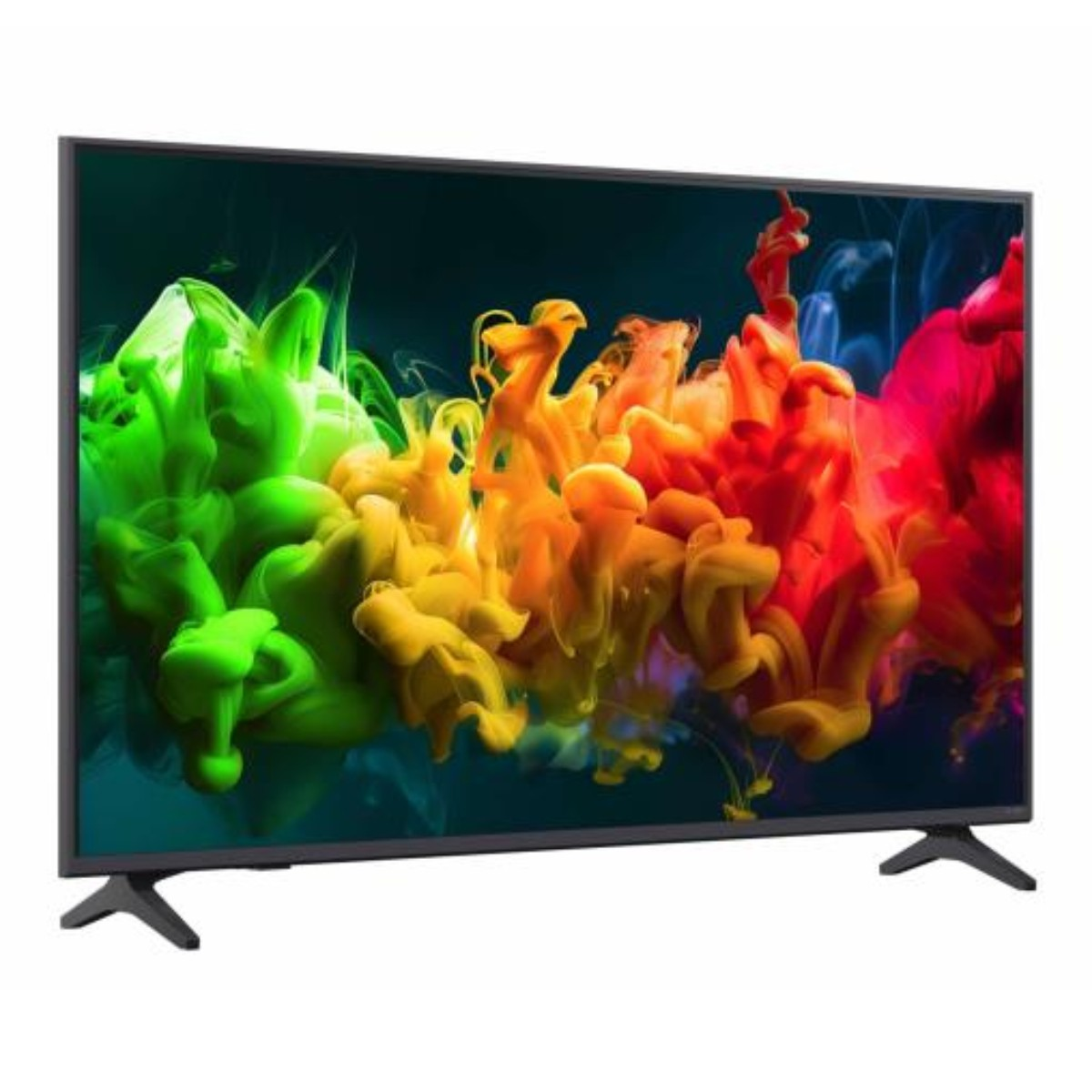 Una pantalla de TV moderna muestra vibrantes salpicaduras de tinta verde, amarilla y roja sobre fondo oscuro.