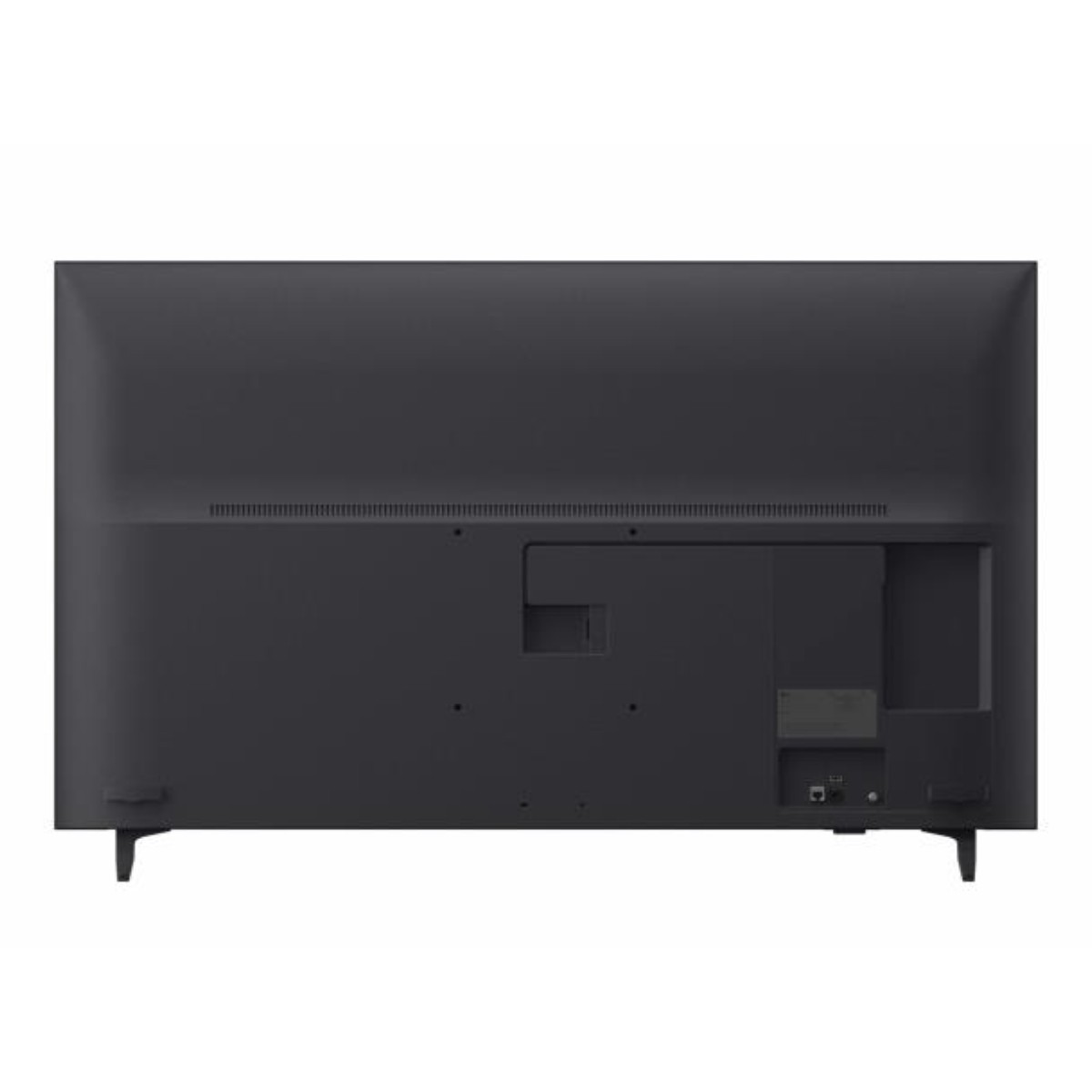 Vista trasera de un televisor negro con puertos y dos patas estrechas.