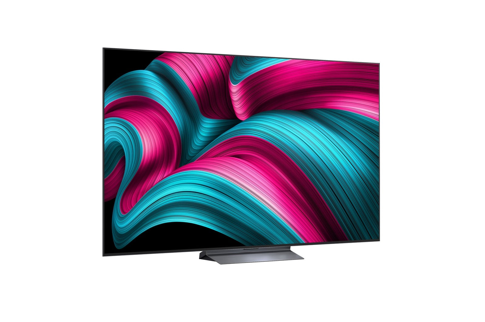 Een moderne televisie met een abstract, golvend roze en turkoois achtergrondpatroon.
