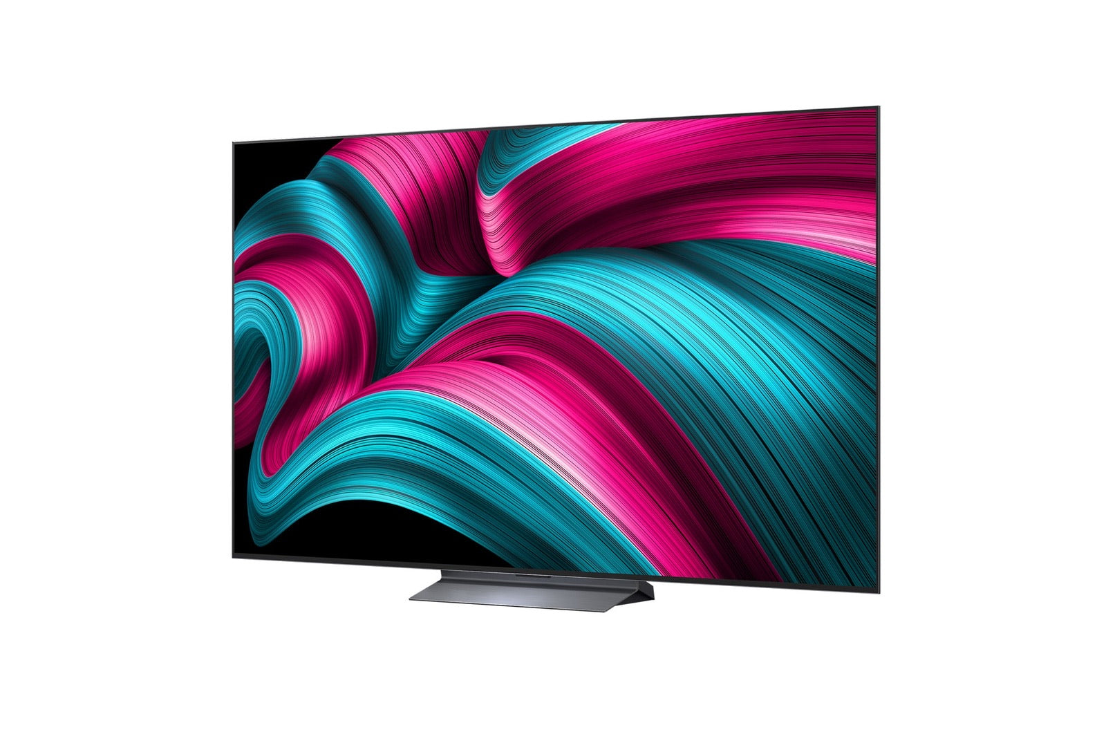 Moderne televisie met abstract, golvend patroon in roze en turquoise kleuren.