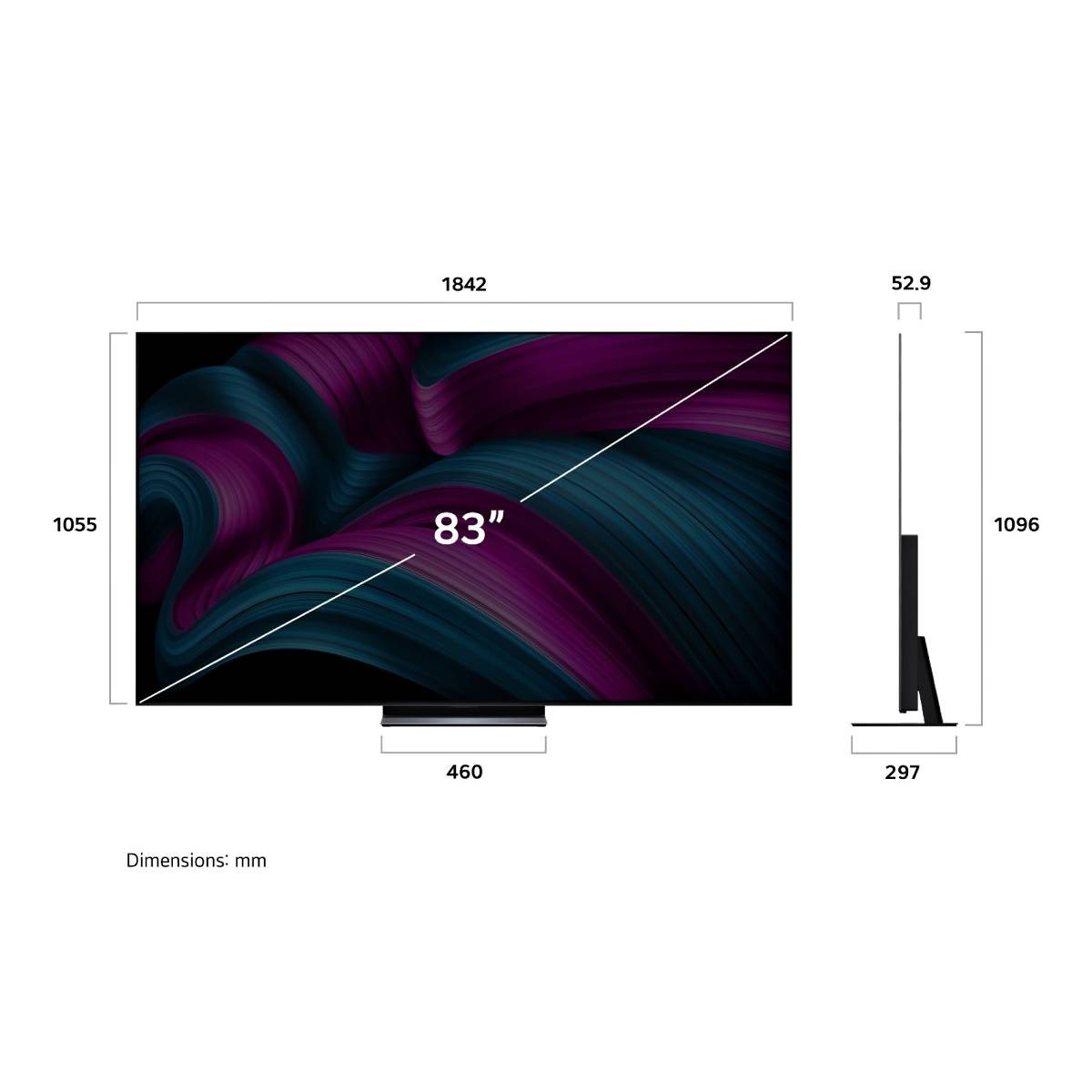 Een 83-inch tv met een abstracte, wervelende paarse en blauwe grafiek. Afmetingen worden weergegeven.