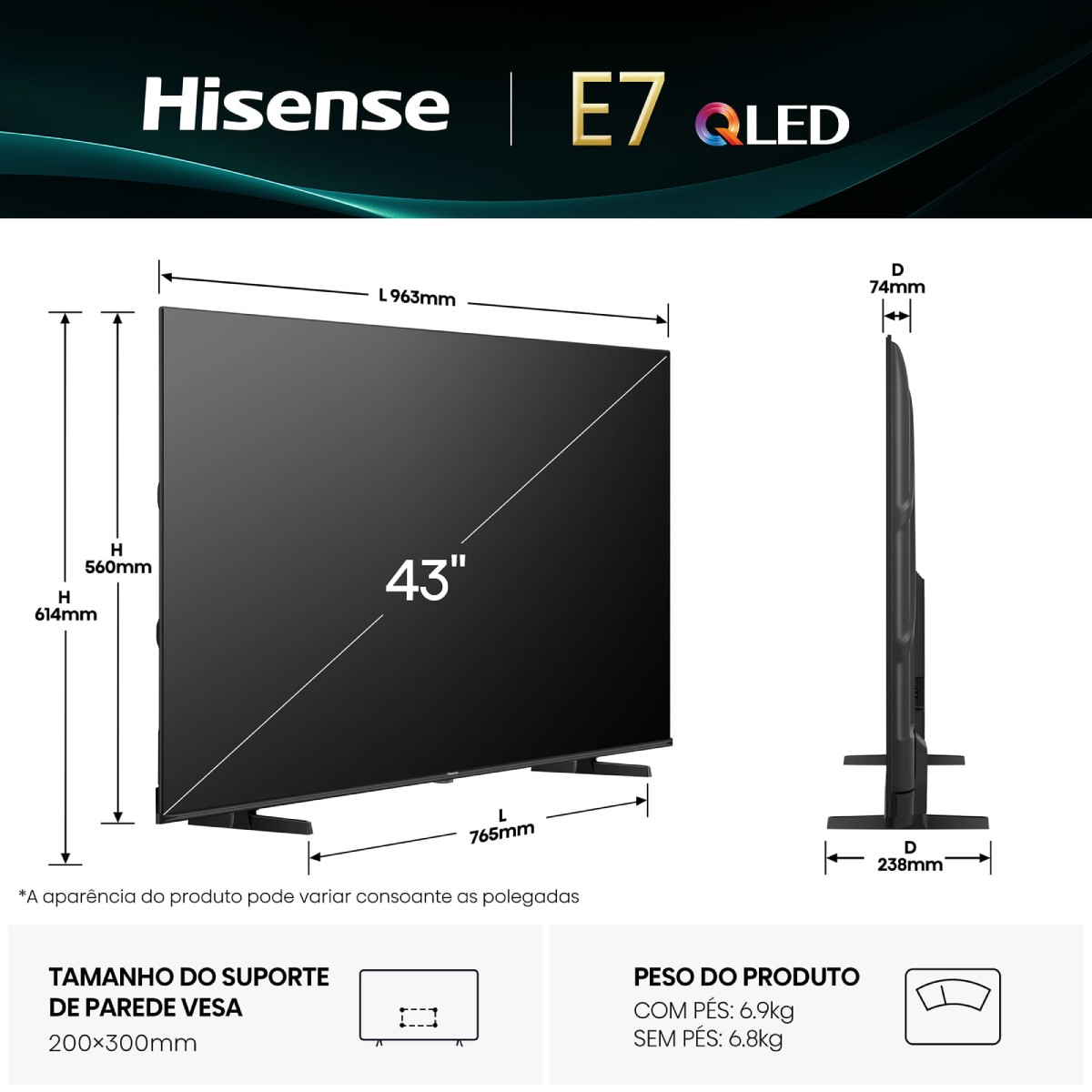 TV Hisense E7 QLED da 43 pollici con dimensioni: Larghezza 963mm, Altezza 560mm, Profondità 74mm.