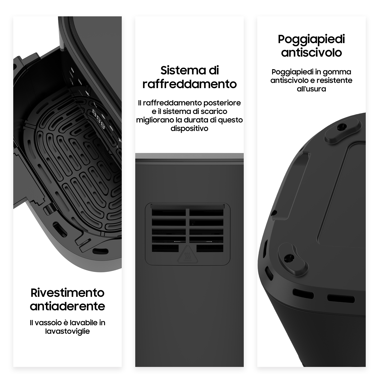 Una friggitrice ad aria nera mostrata in primo piano del suo interno, sfiato e piedini.