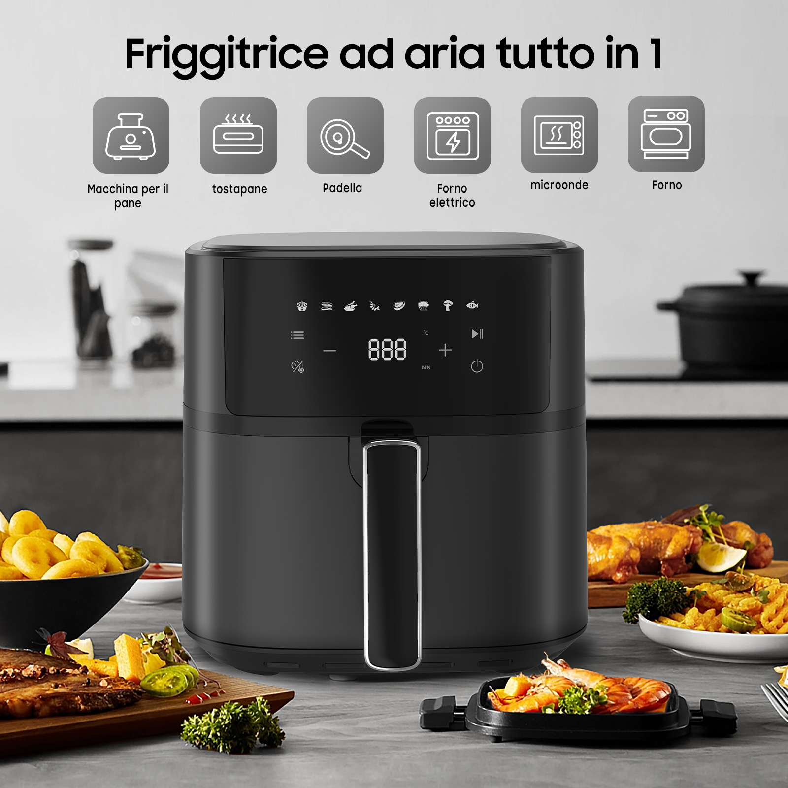 Friggitrice ad aria nera con icone e cibo delizioso.