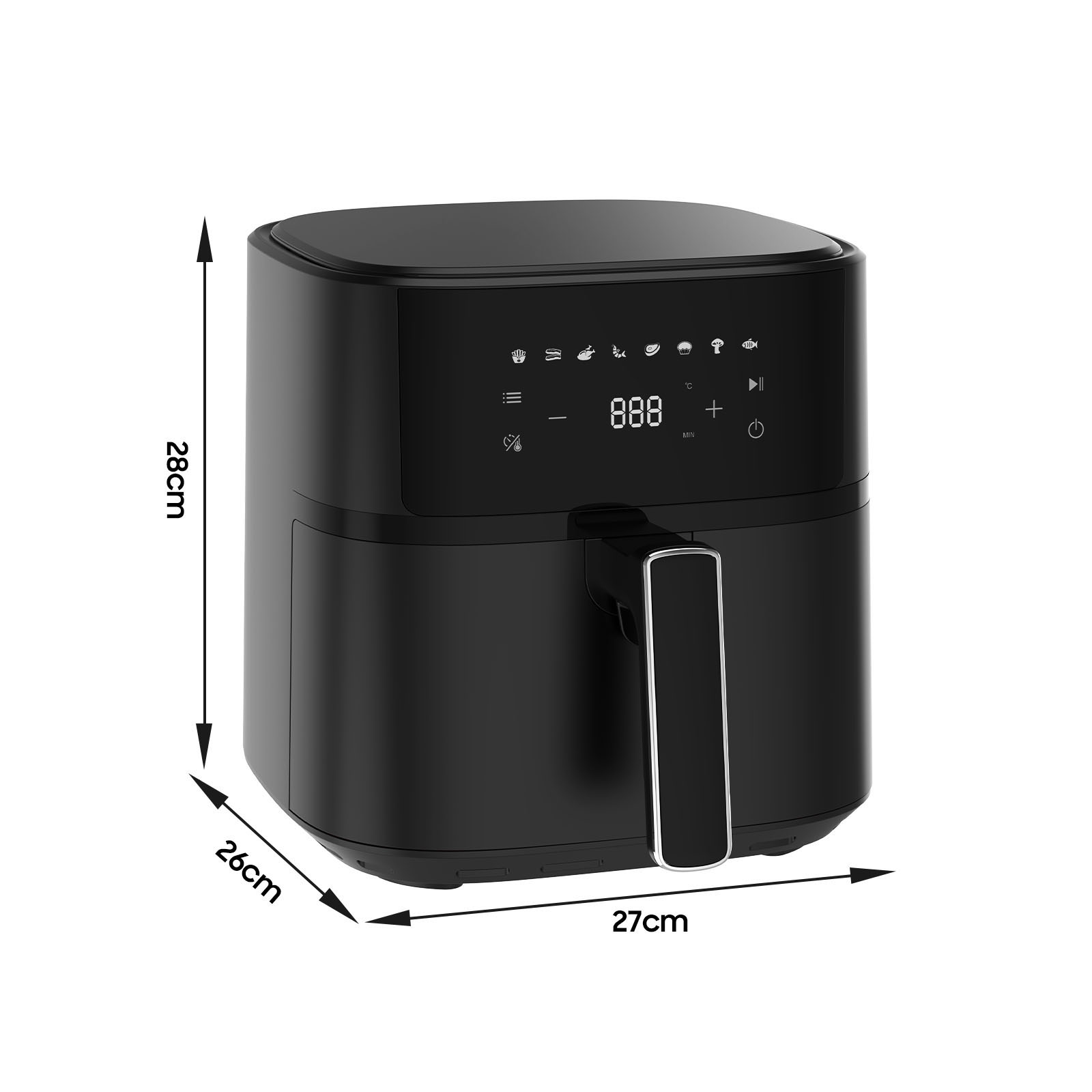 Friggitrice ad aria nera con display digitale e dimensioni 28x27x26cm.