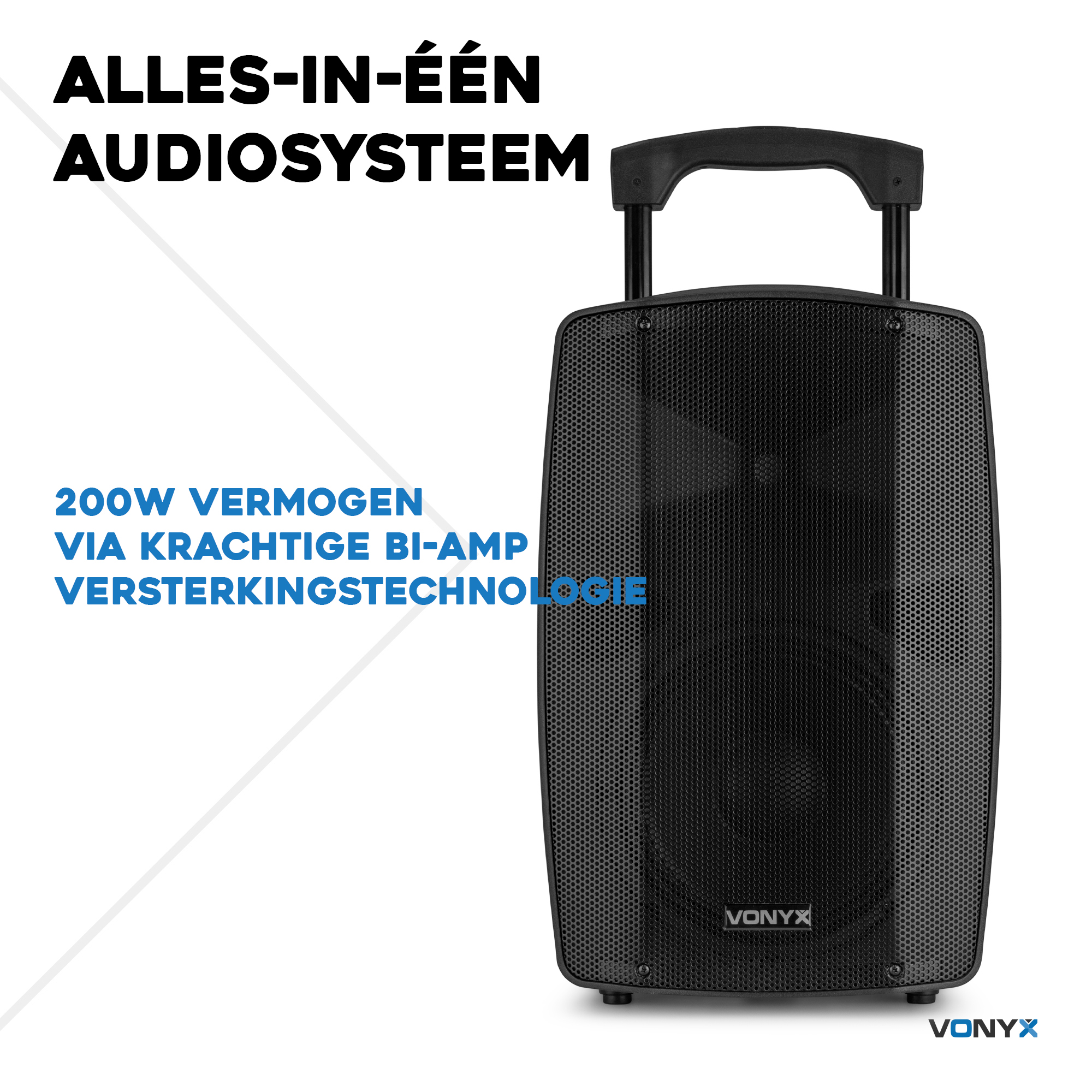 Altavoz portátil negro con asa y publicidad de texto.