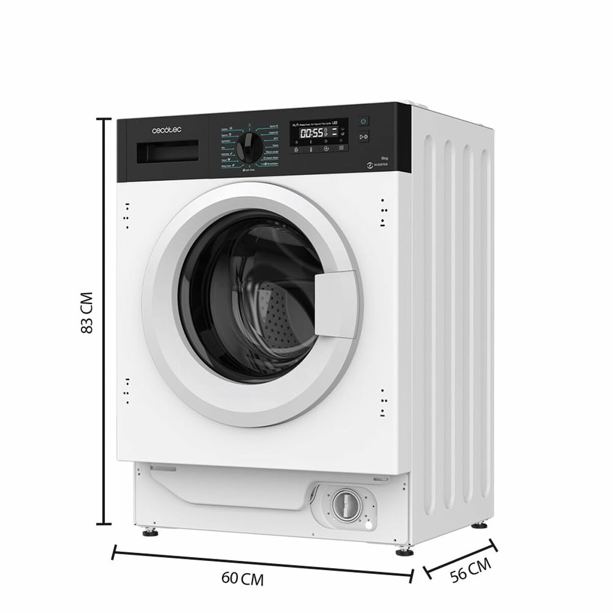 Lavatrice bianca a carica frontale, dimensioni: 83x60x56cm.