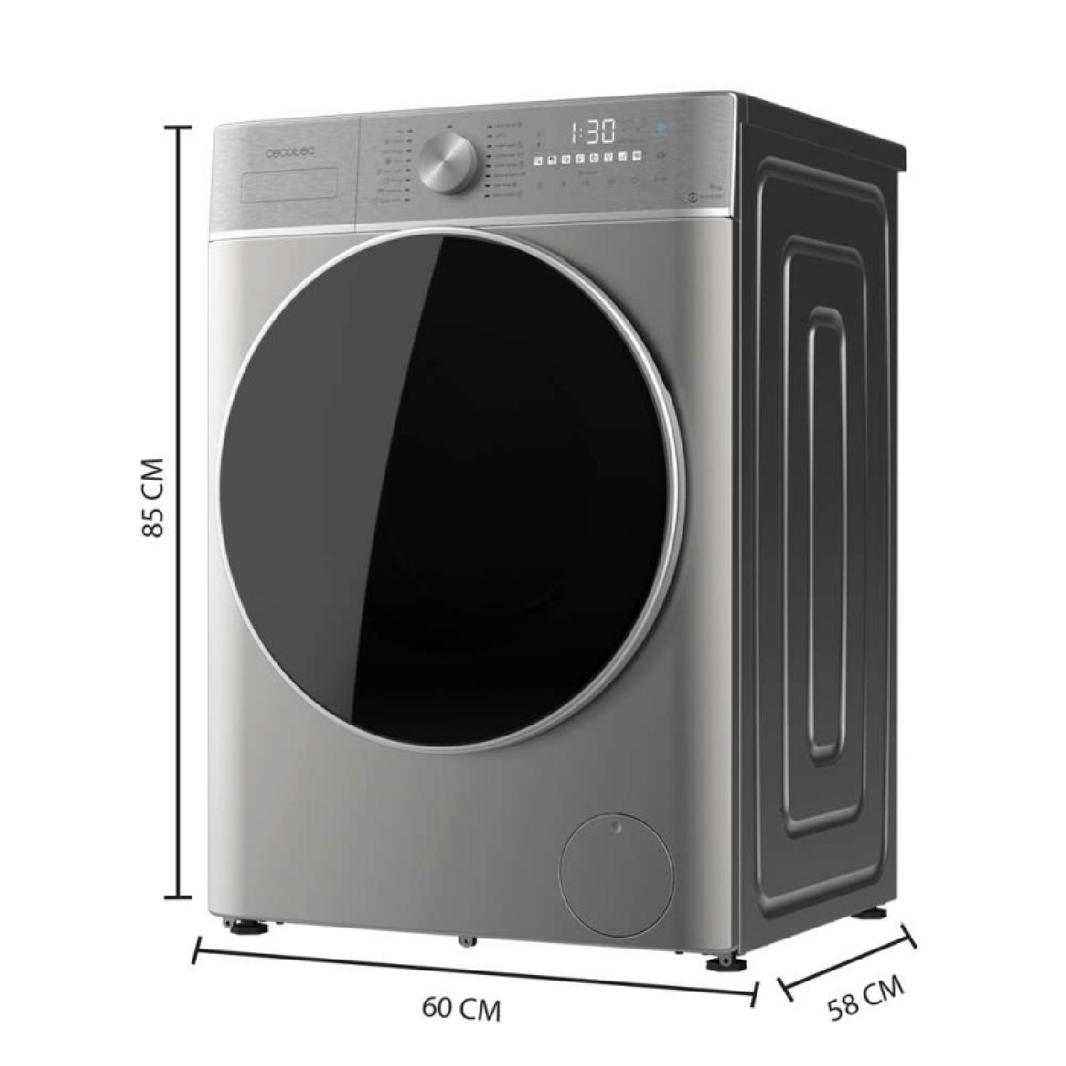 Lavatrice argento con oblò nero, dimensioni 85x60x58 cm.
