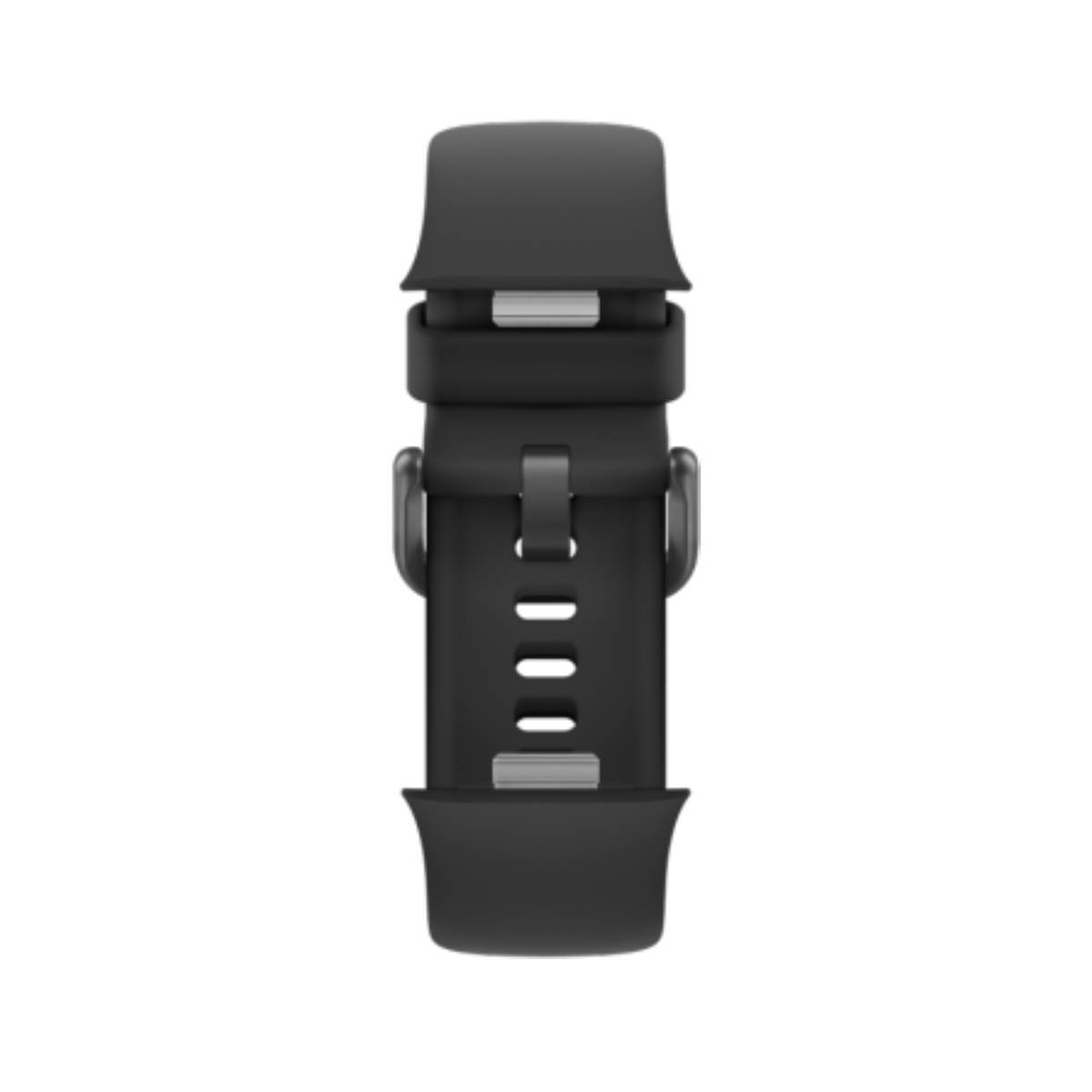 Cinturino nero per orologio con fibbie e fori argentati.