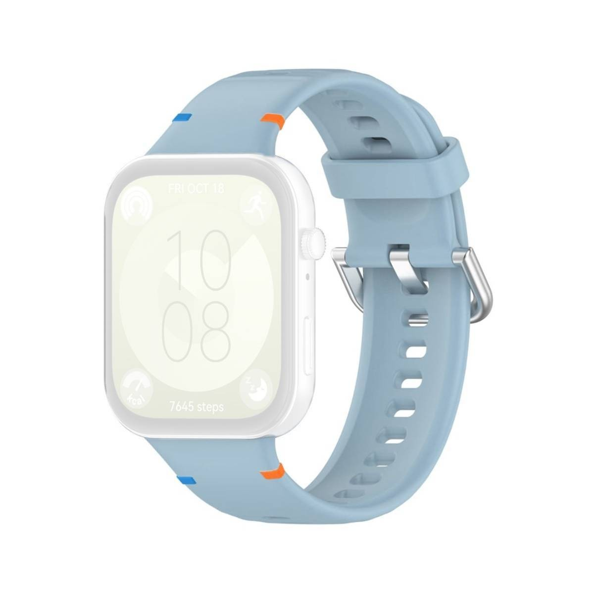 Cinturino azzurro con chiusura in metallo su un quadrante di smartwatch. Mostra le 10:08.