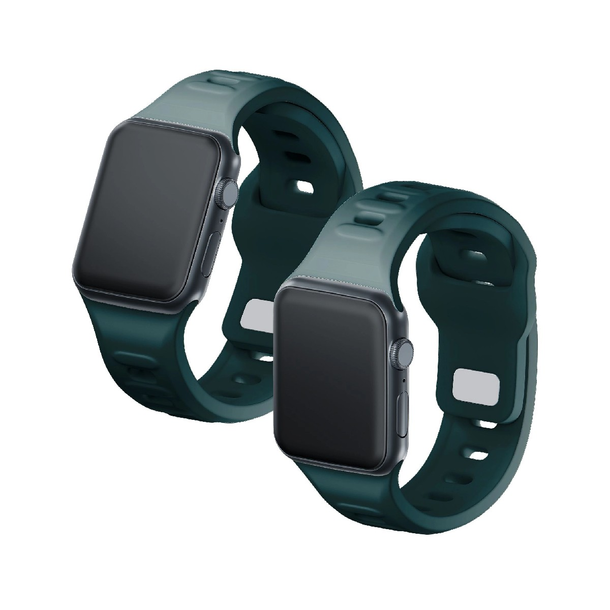 Due smartwatch verde scuro con schermi vuoti sono visualizzati fianco a fianco.
