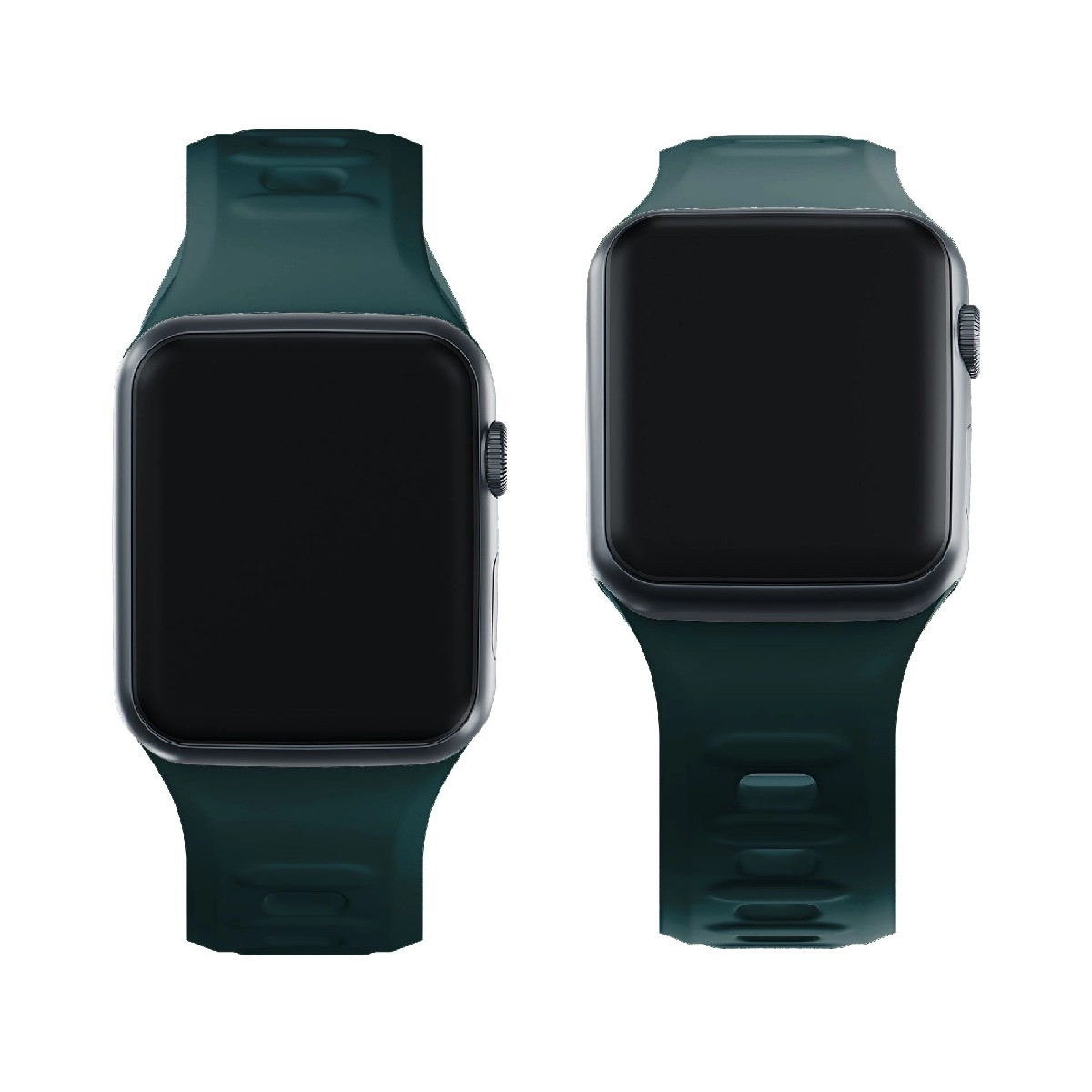 Due smartwatch verde scuro con schermi neri una accanto all'altra.