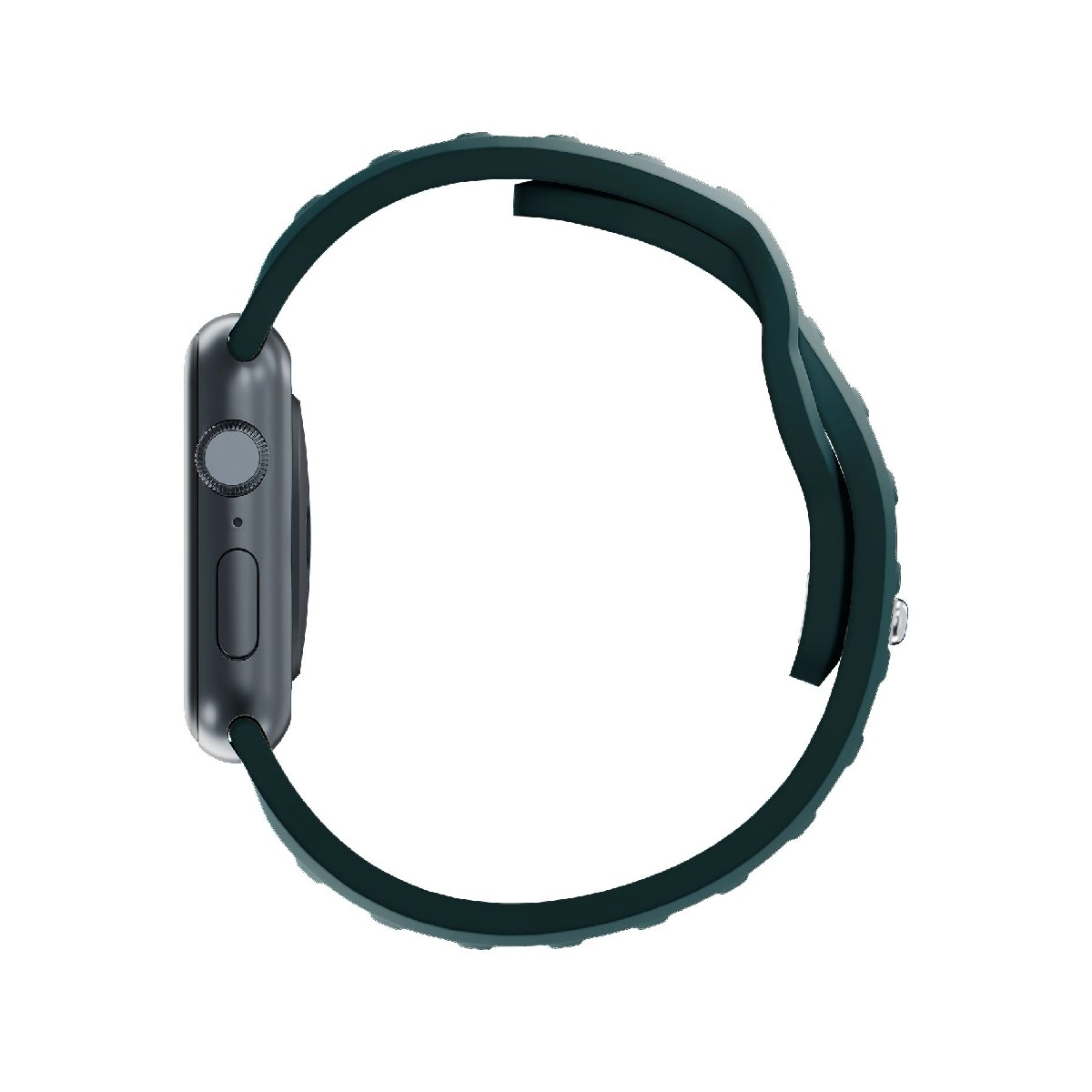 Smartwatch grigio scuro con cinturino scuro, vista di lato.