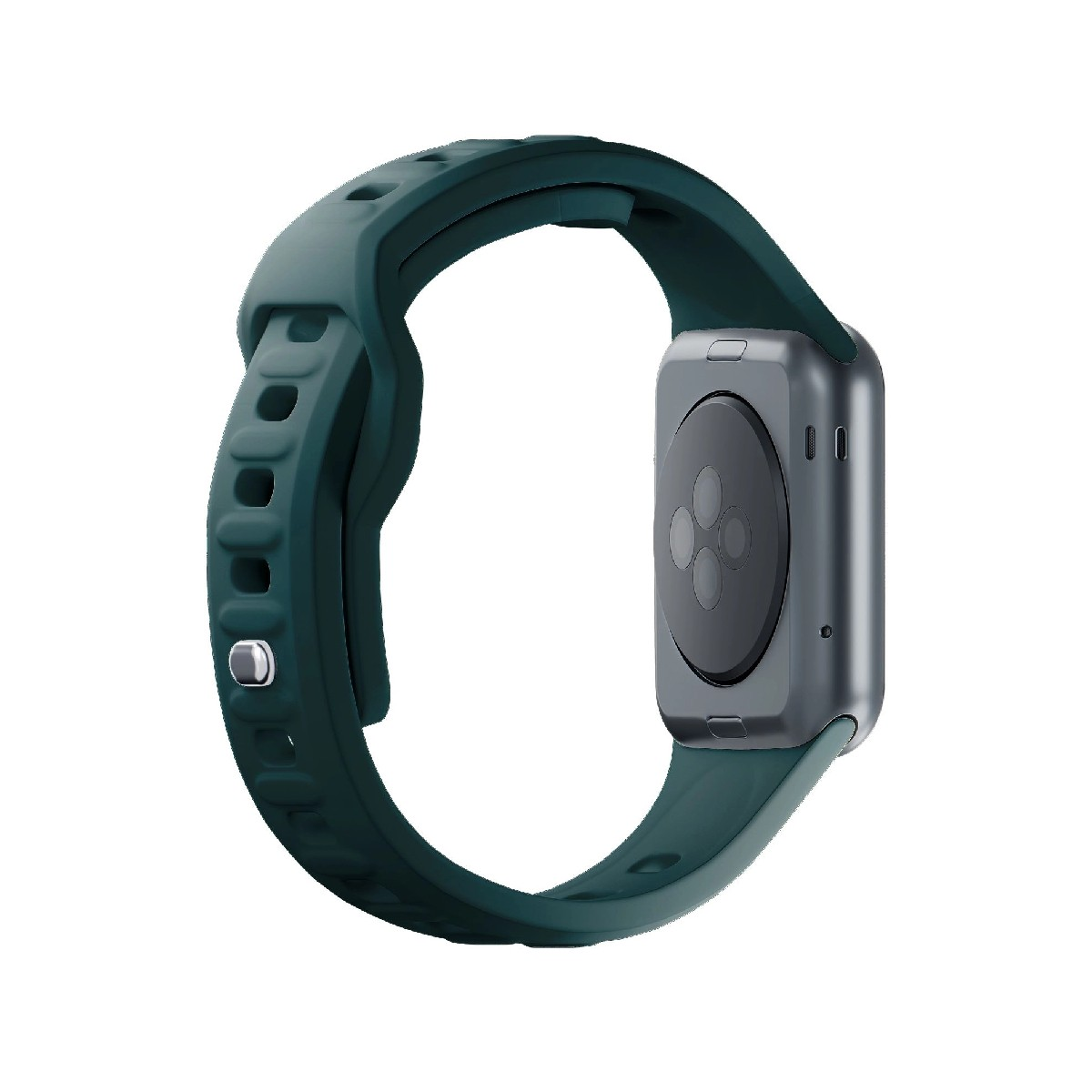 Cinturino smartwatch verde scuro con bottone argentato e retro grigio.