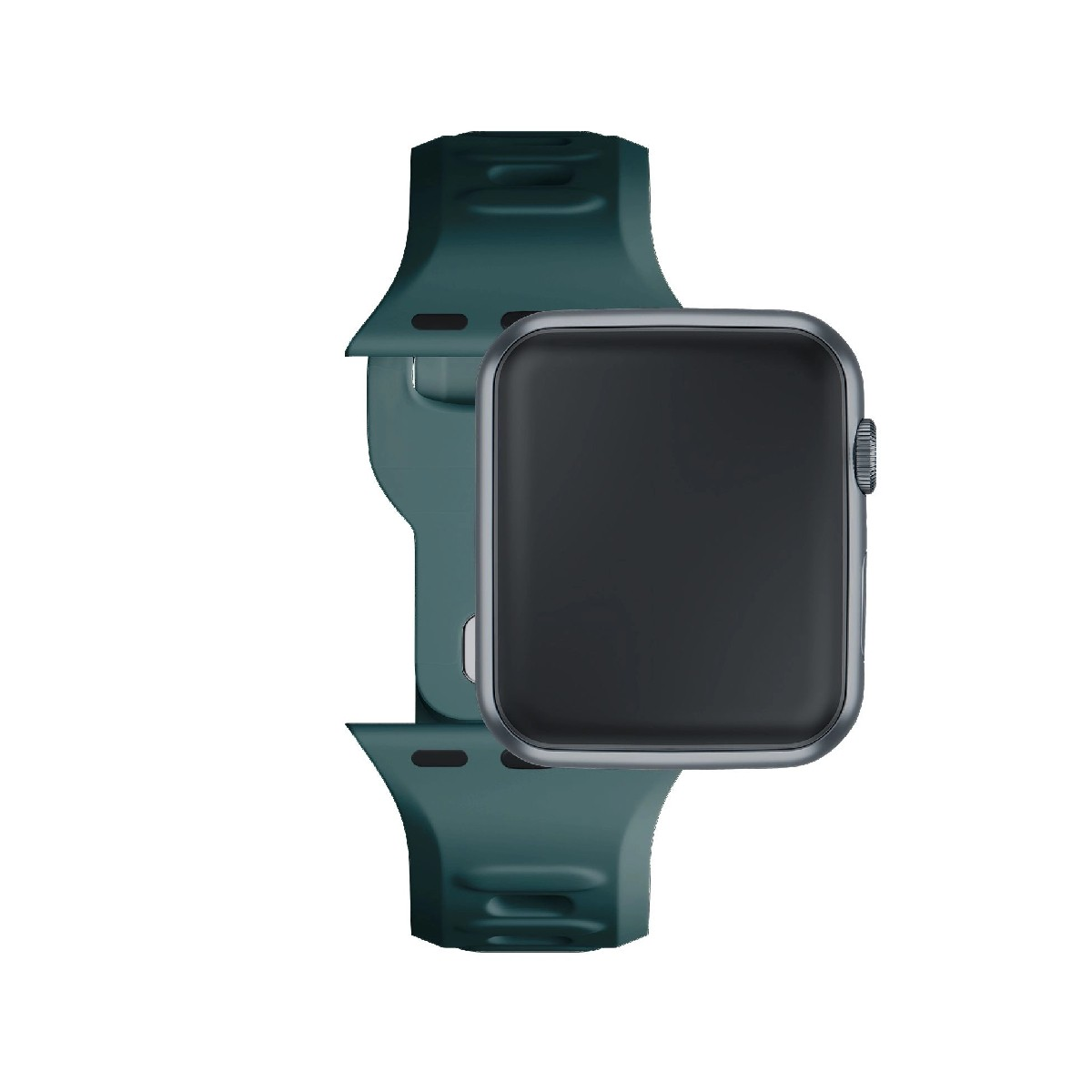 Uno smartwatch verde acqua scuro con lunetta argentata e schermo nero.