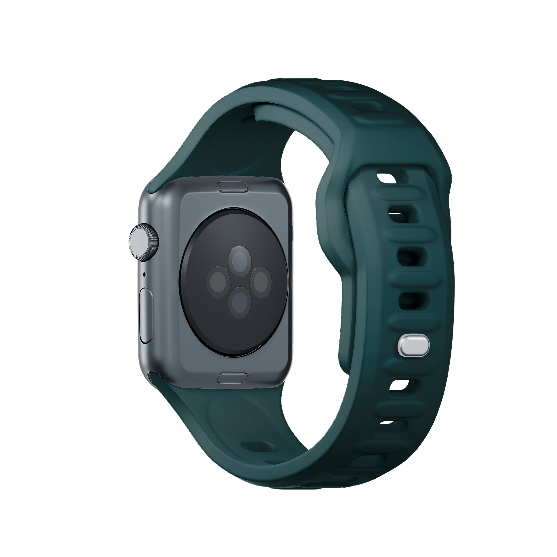 Cinturino verde scuro su uno smartwatch grigio. Sfondo bianco.