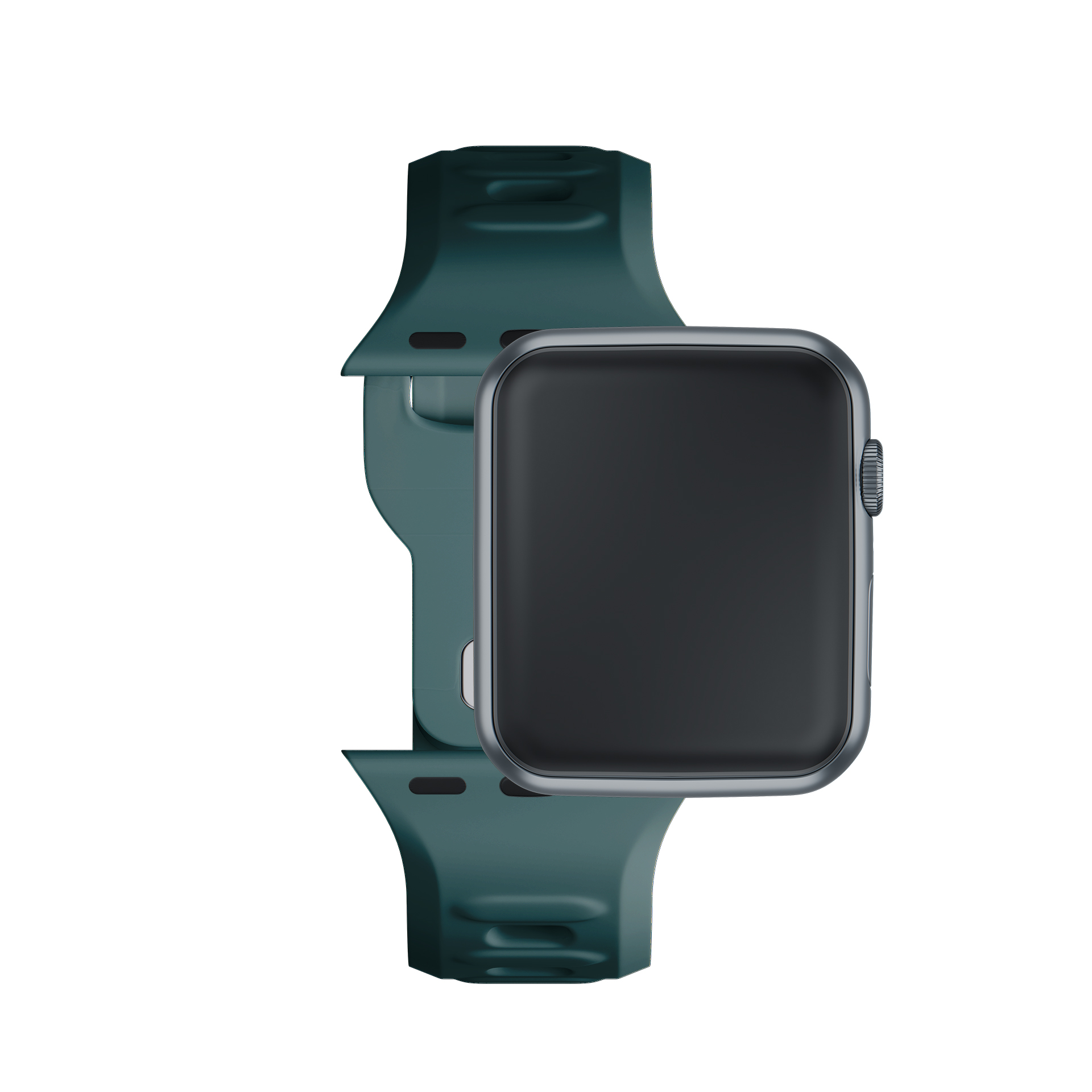 Uno smartwatch scuro con cinturino verde acqua su sfondo bianco.