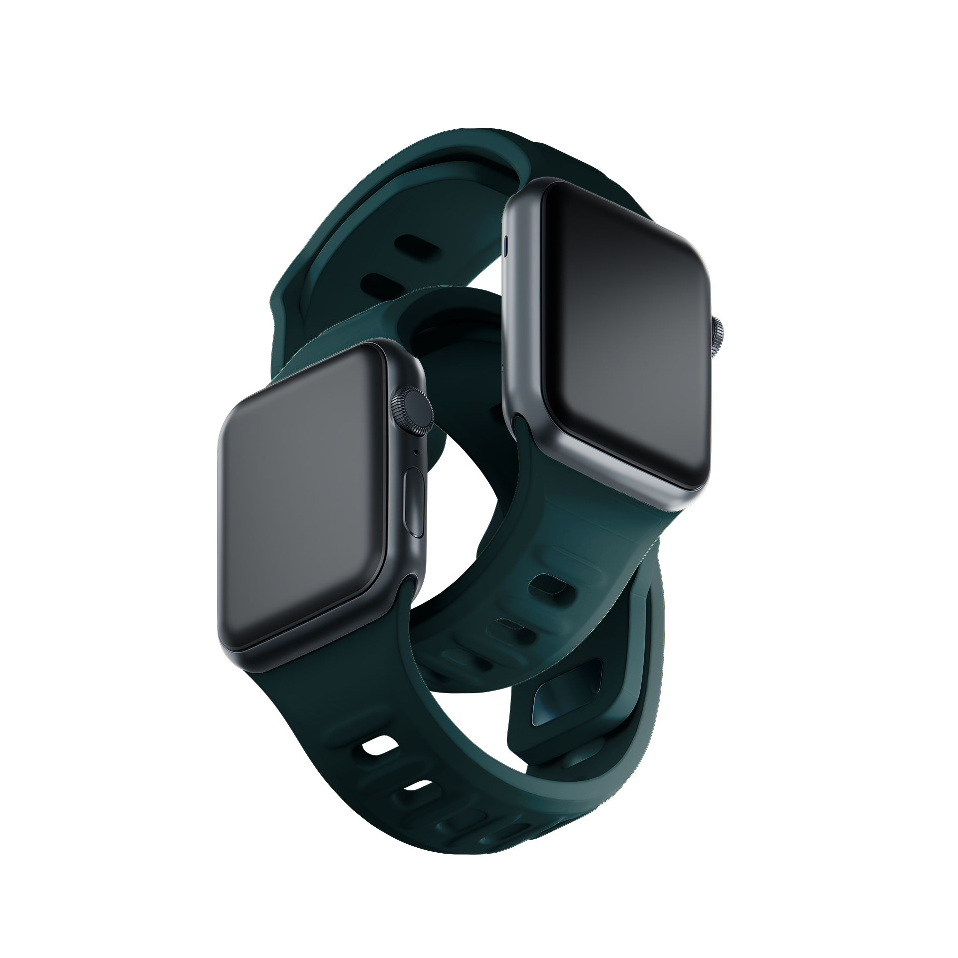Due orologi verde smeraldo con schermi scuri, isolati su sfondo bianco.