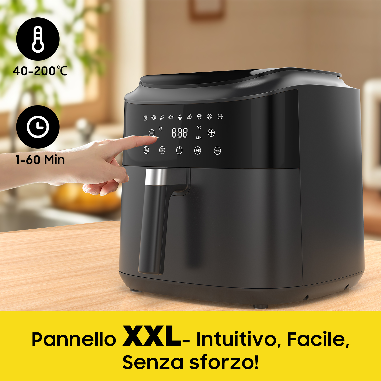 Friggitrice ad aria nera con touchscreen, temp 40-200°C, tempo 1-60 Min.