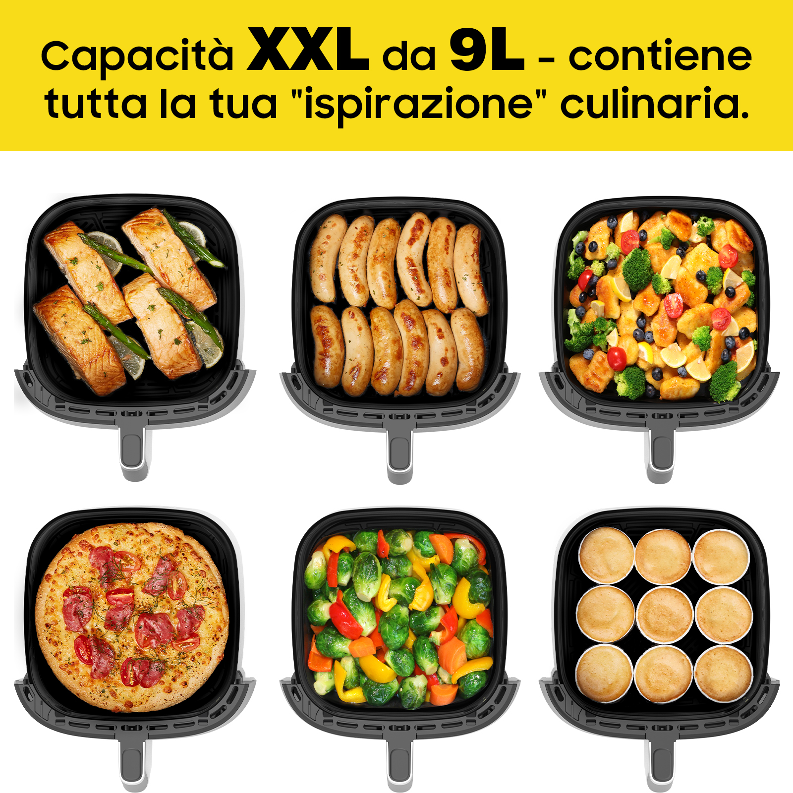 Sei cestelli per friggitrice ad aria con vari cibi: salmone, salsicce, pollo, pizza, verdure, muffin.