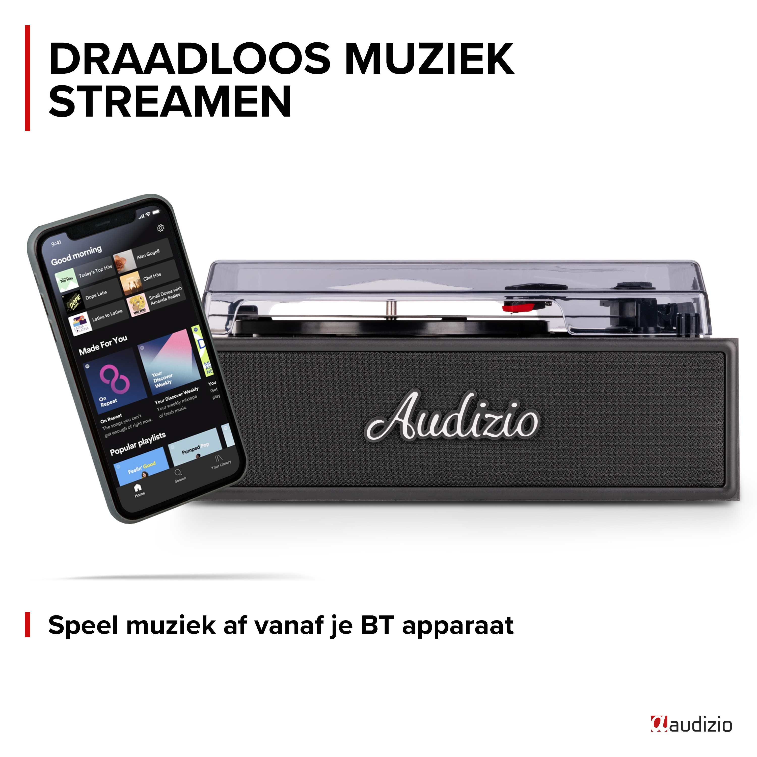 Un smartphone muestra la app de Spotify junto a un tocadiscos/altavoz Audizio.