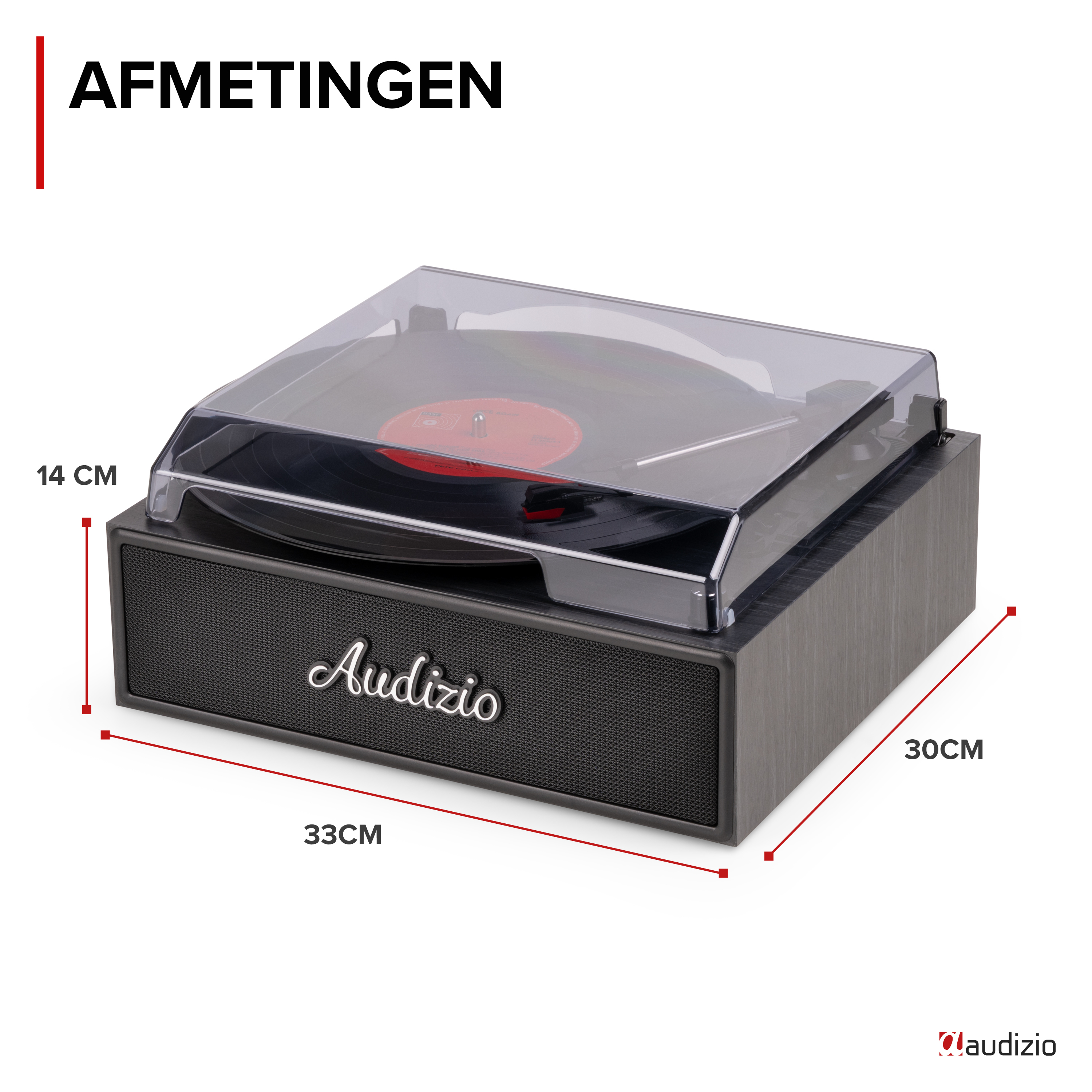 Un tocadiscos con disco de vinilo, dimensiones 33x30x14 cm.