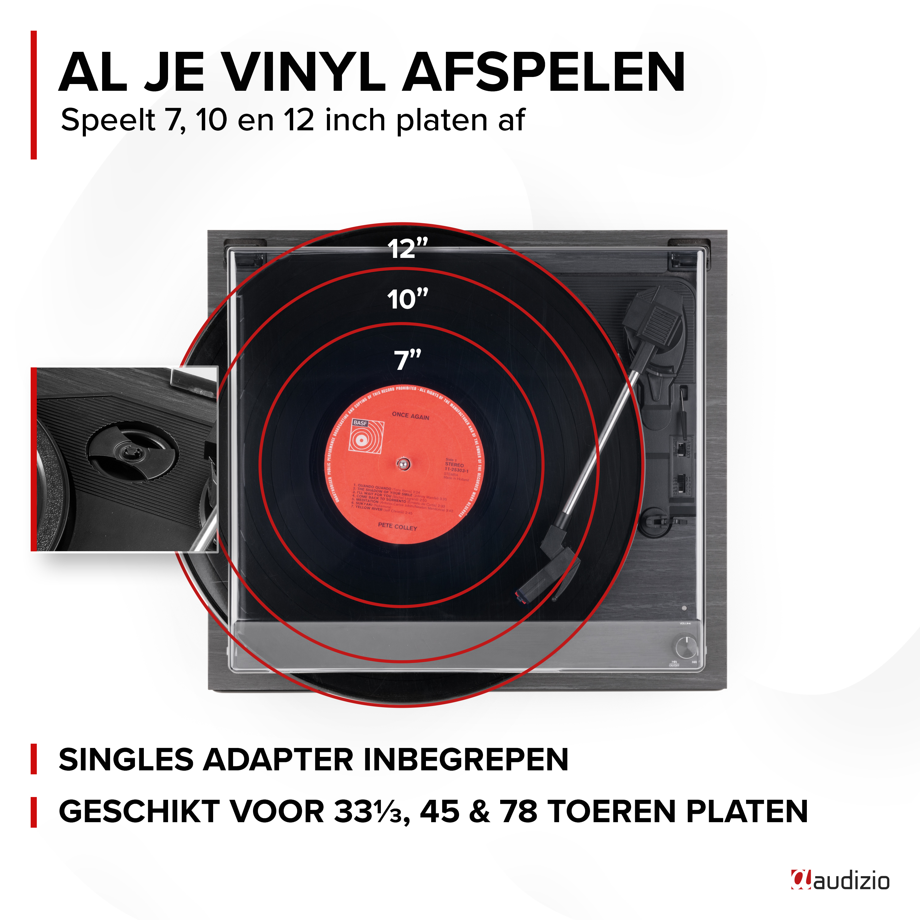 Tocadiscos reproduciendo vinilos de 7", 10", 12" con adaptador.