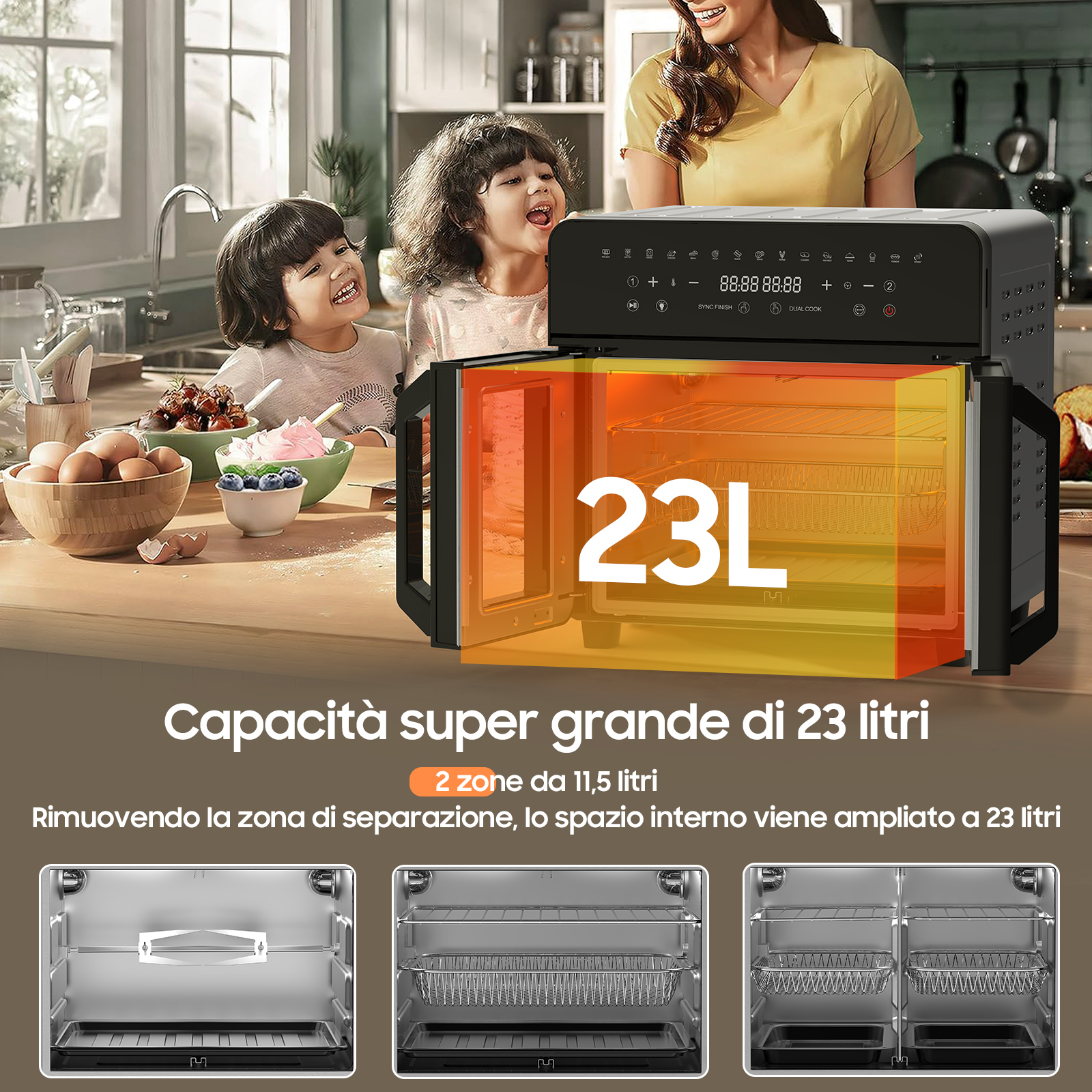 Famiglia in cucina con friggitrice ad aria da 23L, che mostra capacità e controlli digitali.