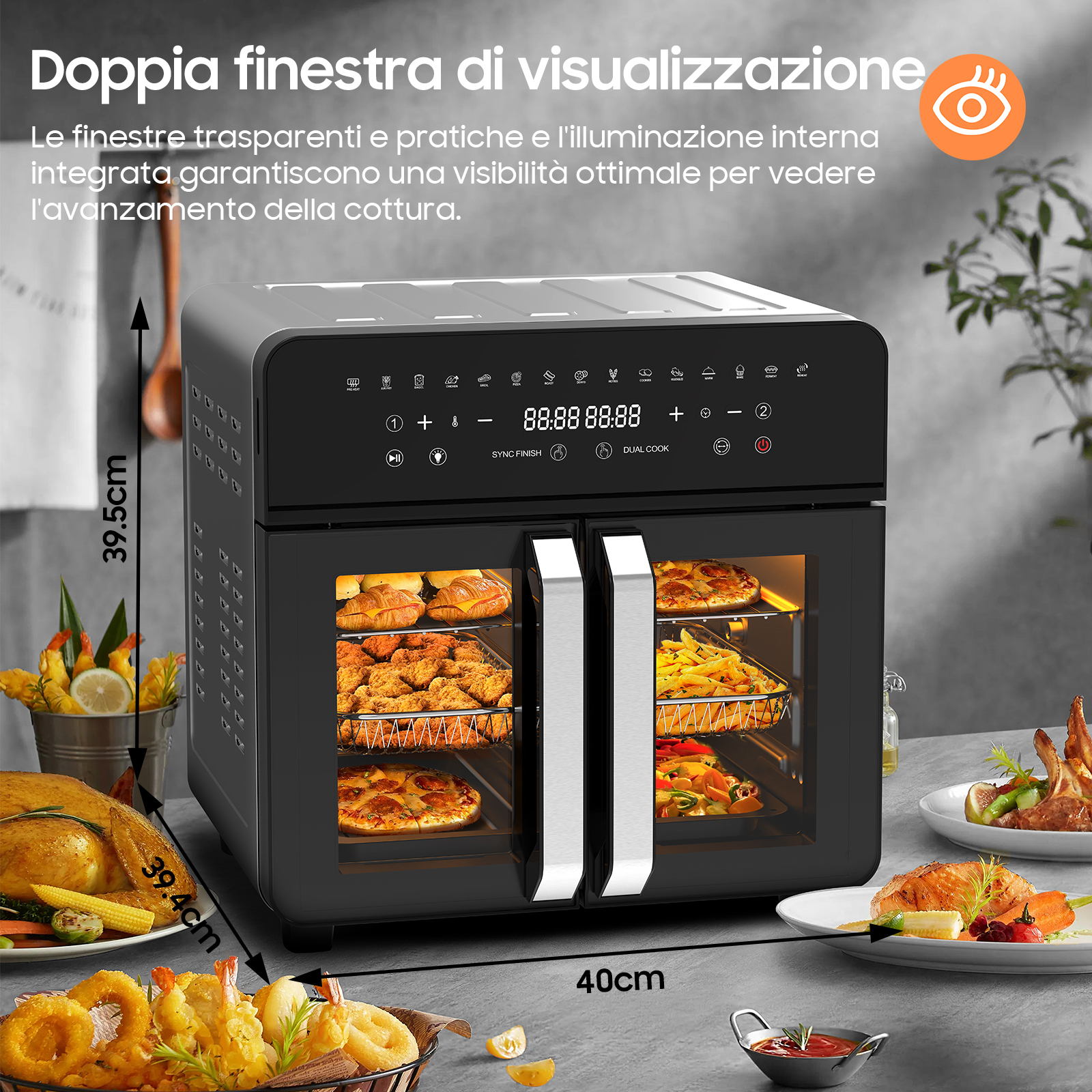 Un forno nero a due porte, pieno di cibo, con cibo su piatti accanto.