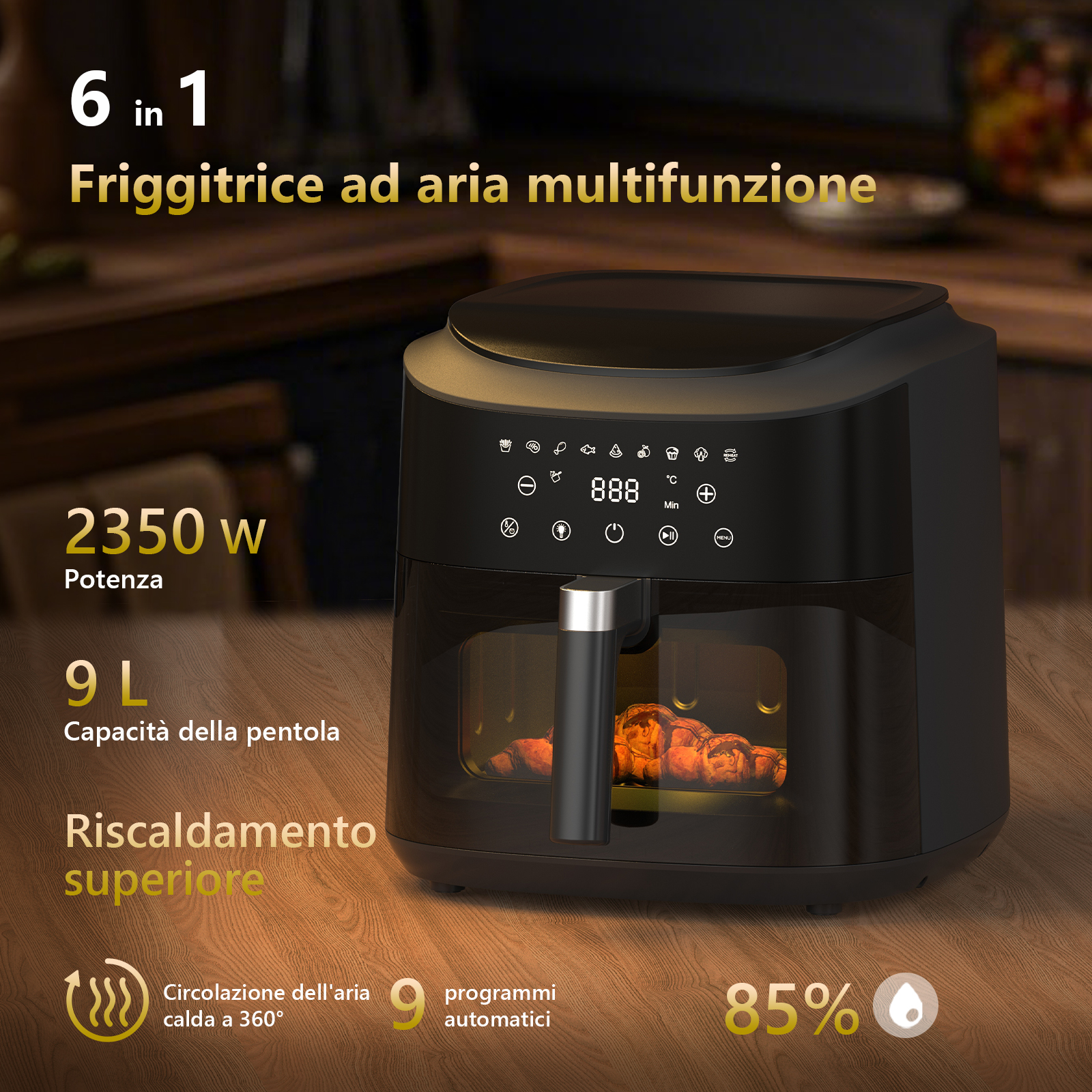 Friggitrice ad aria multifunzione nera con controlli digitali e cibo all'interno.