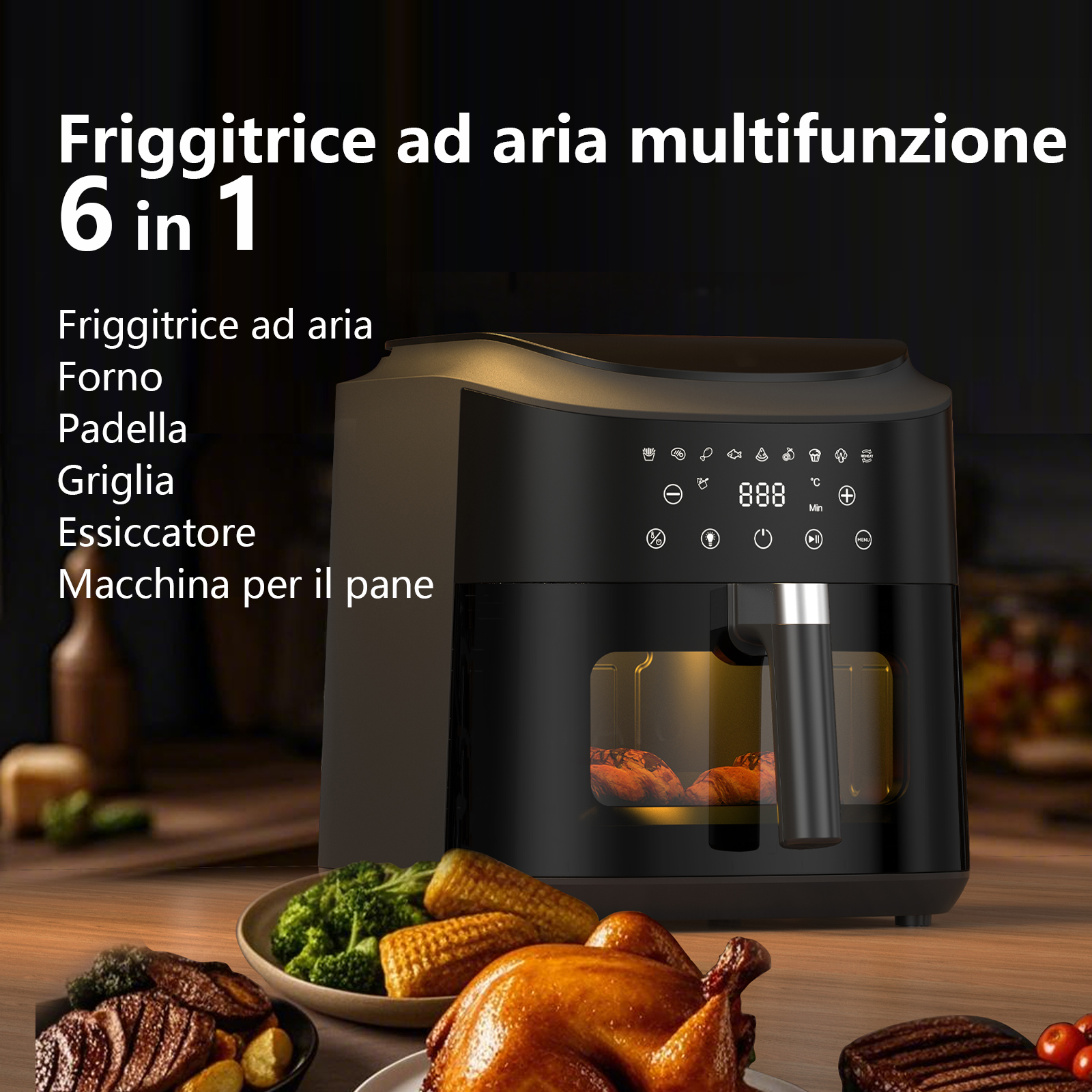 Friggitrice ad aria multifunzione 6 in 1 nera con programmi e cibo.