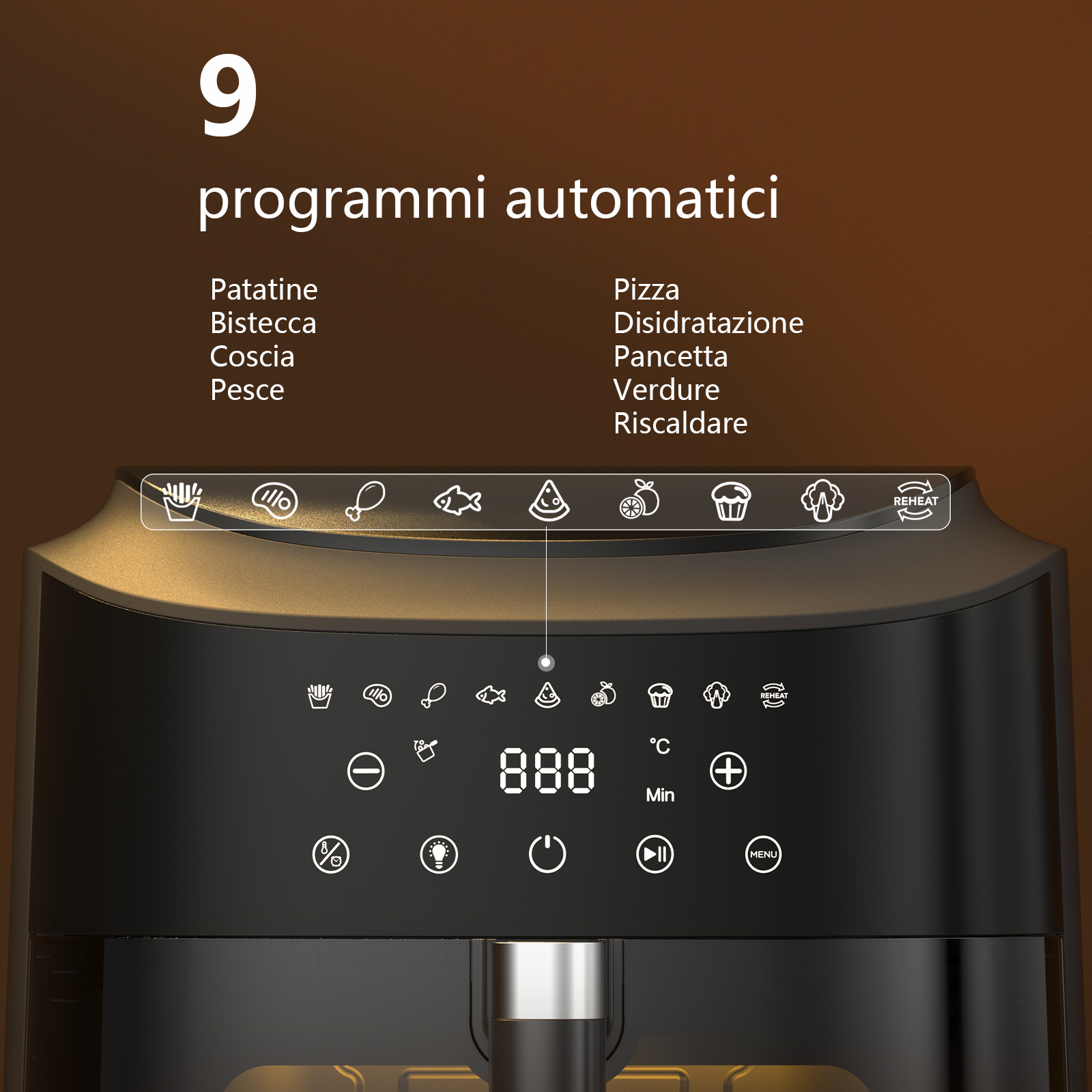Display digitale di una friggitrice ad aria nera con 9 programmi di cottura e icone.