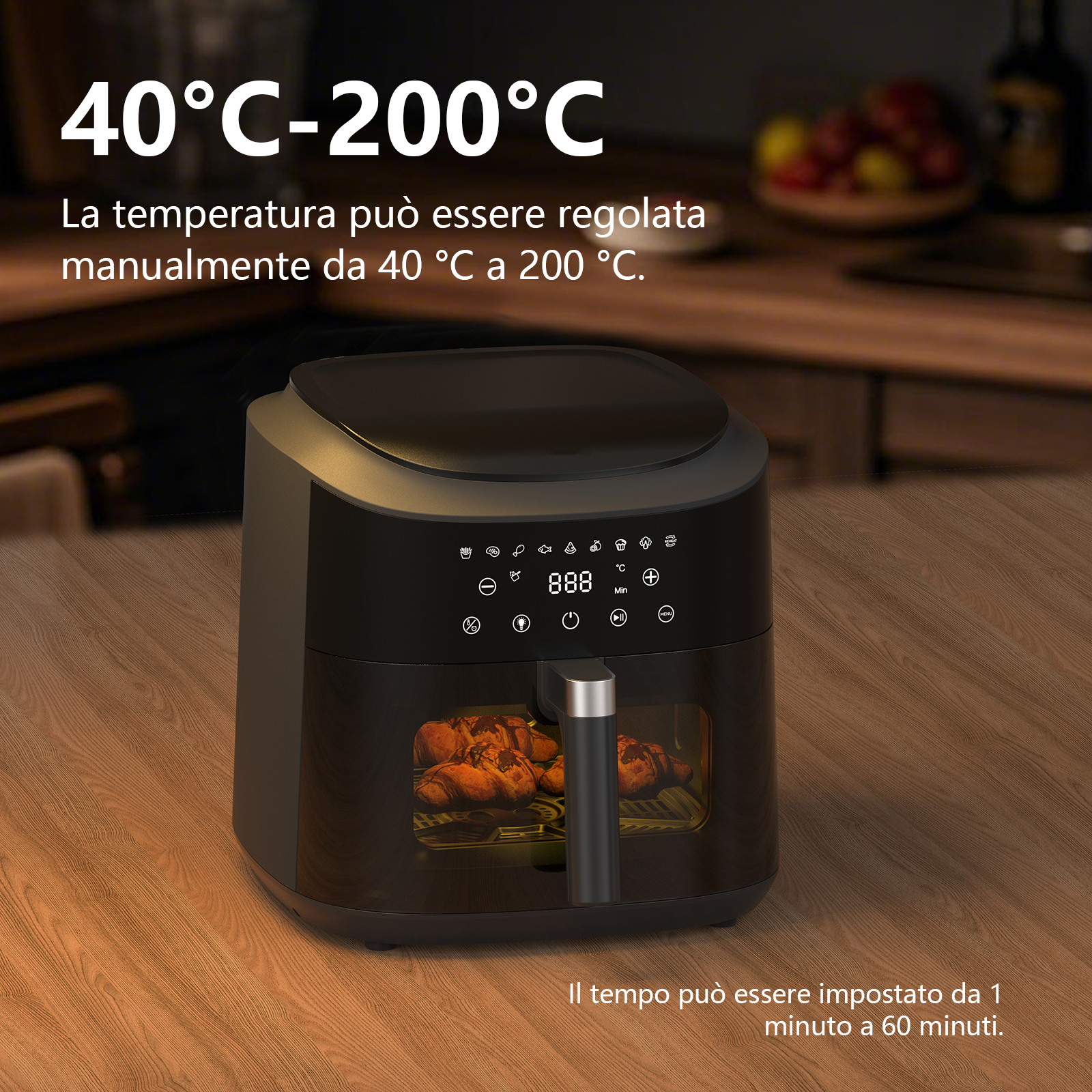 Friggitrice ad aria nera con comandi digitali e croissant dorati all'interno.