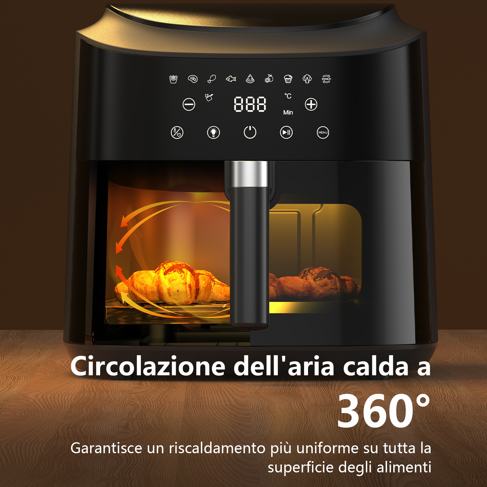 Friteuse ad aria nera con controlli digitali e deliziosi croissant all'interno.