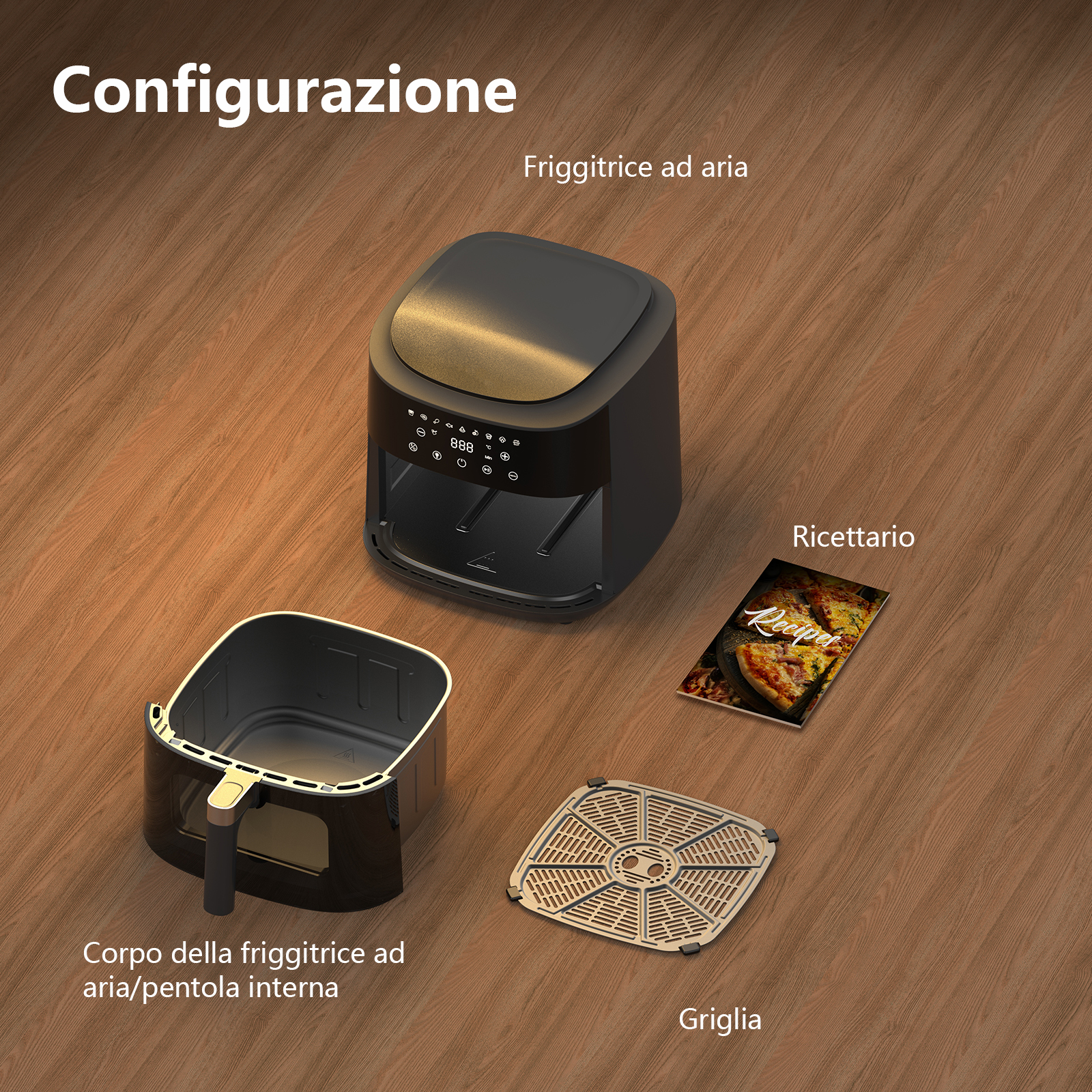 Una friggitrice ad aria nera con cestello, griglia e ricettario.