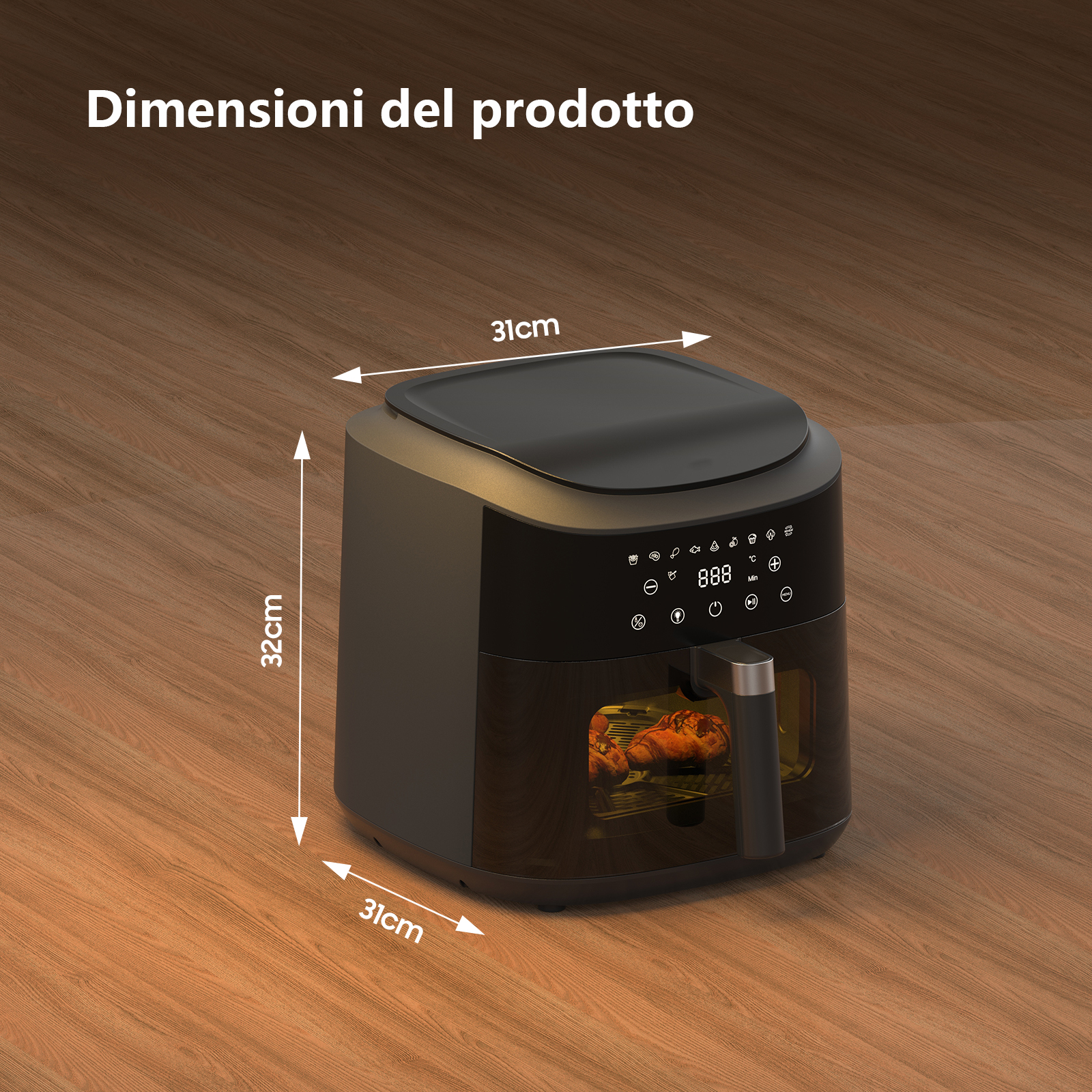 Friggitrice ad aria nera di 31x32x31cm, piena di croissant.