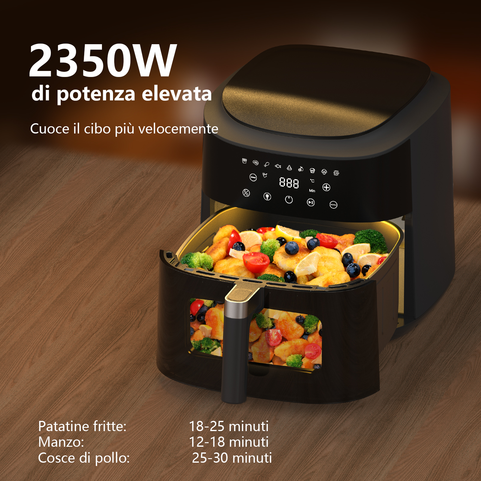 Friteuse ad aria nera con cestello pieno di pollo, broccoli, mirtilli e pomodori.