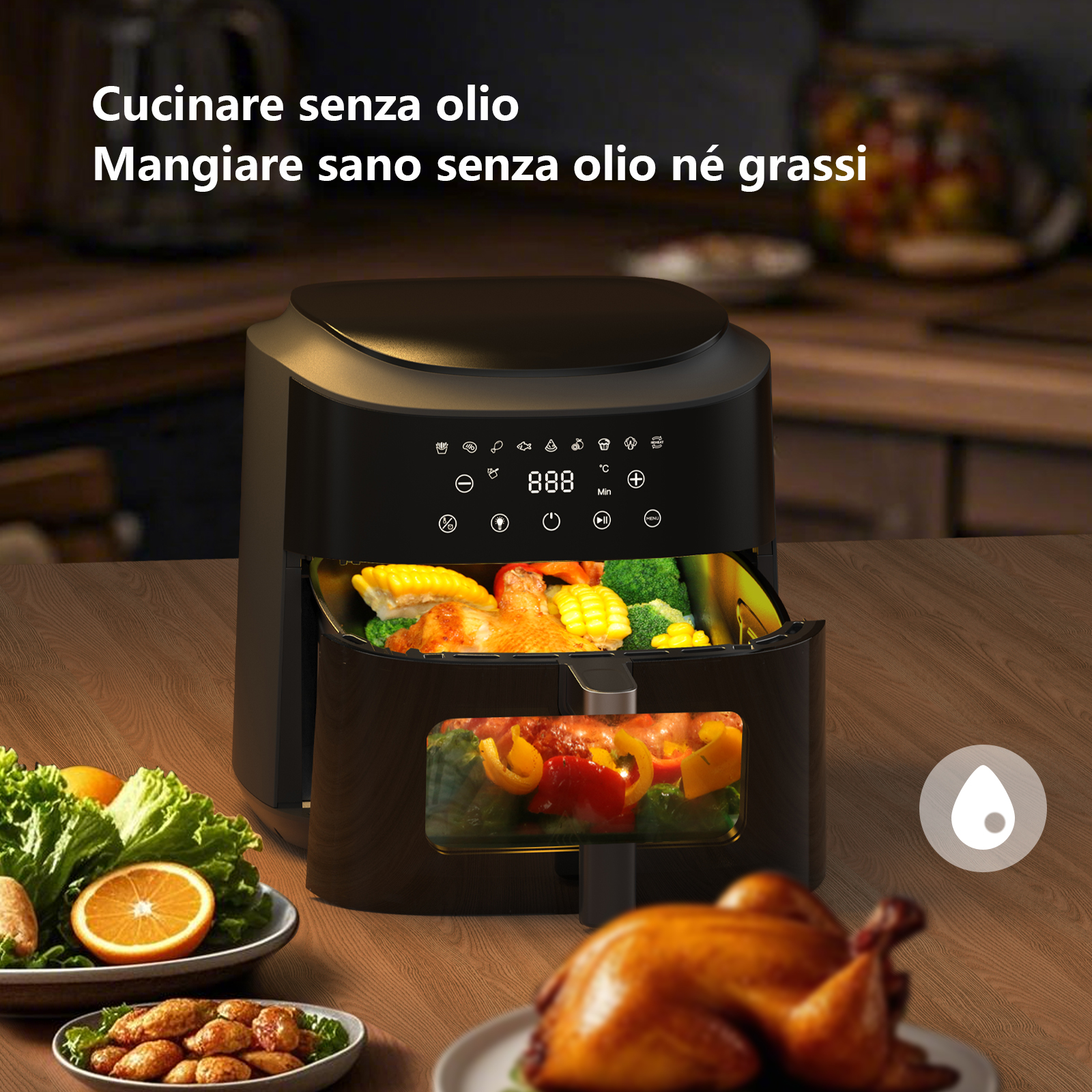 Una friggitrice ad aria nera con pollo e verdure cotte, accanto a insalata e arance.